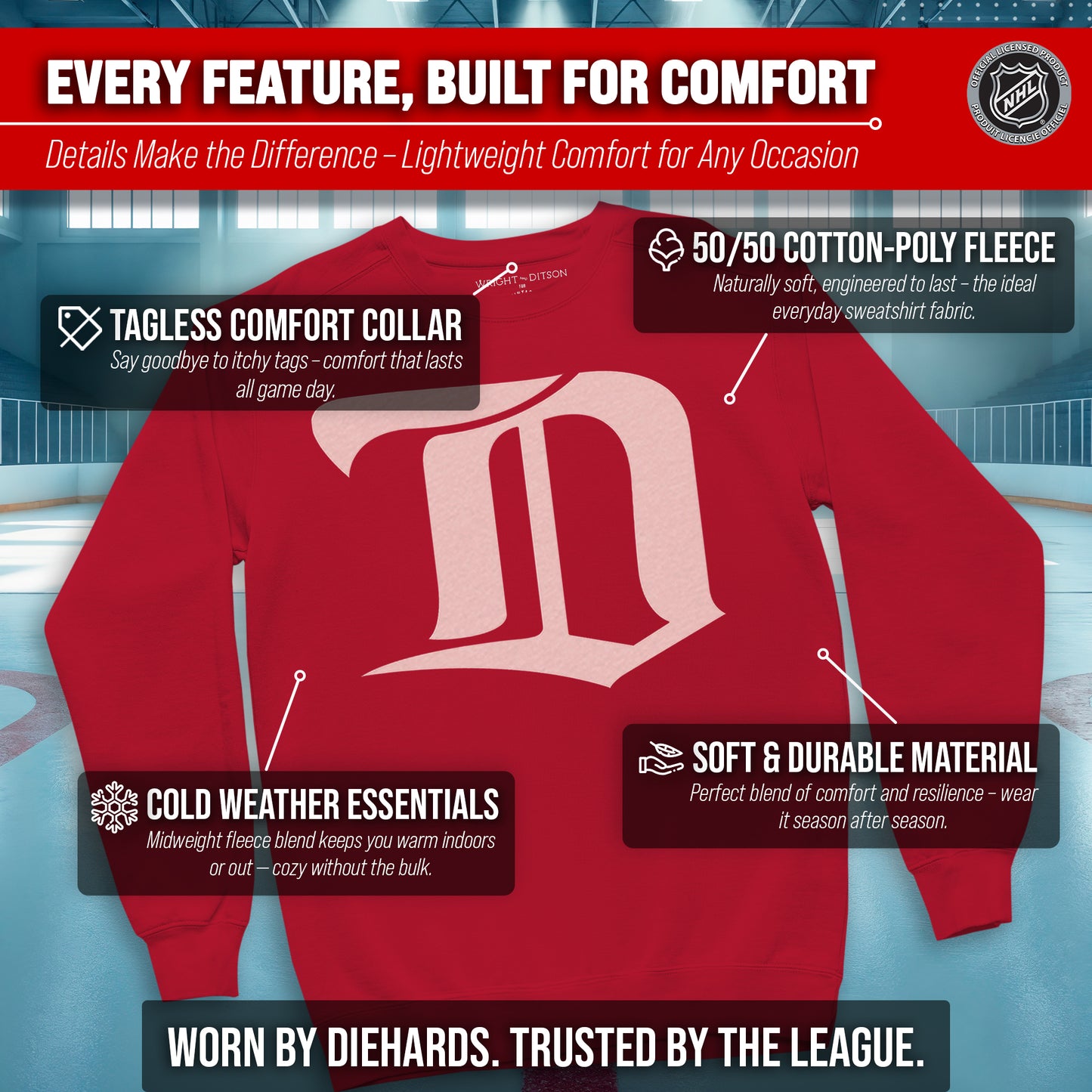 Detroit Red Wings Adult NHL Retro Logo Hockey Fleece Crewneck Sweatshirt - Red Heather