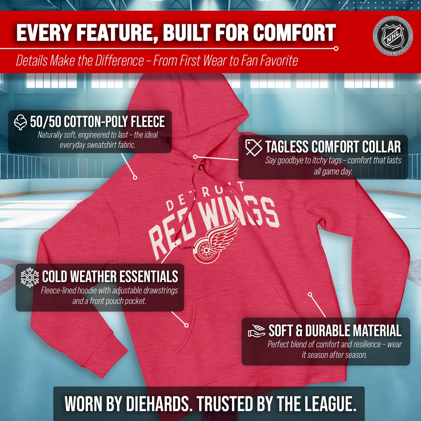 Detroit Red Wings NHL Adult Unisex Powerplay Hooded Sweatshirt - Red