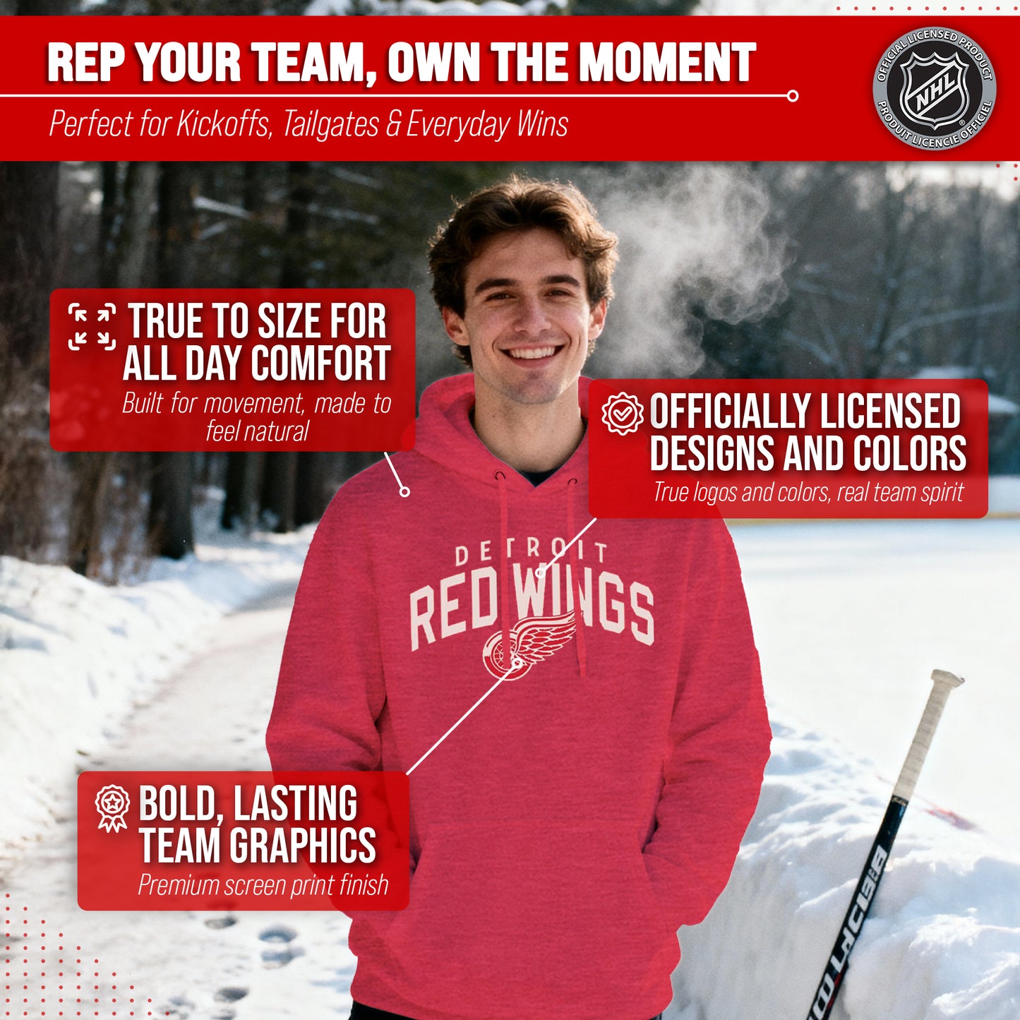 Detroit Red Wings NHL Adult Unisex Powerplay Hooded Sweatshirt - Red