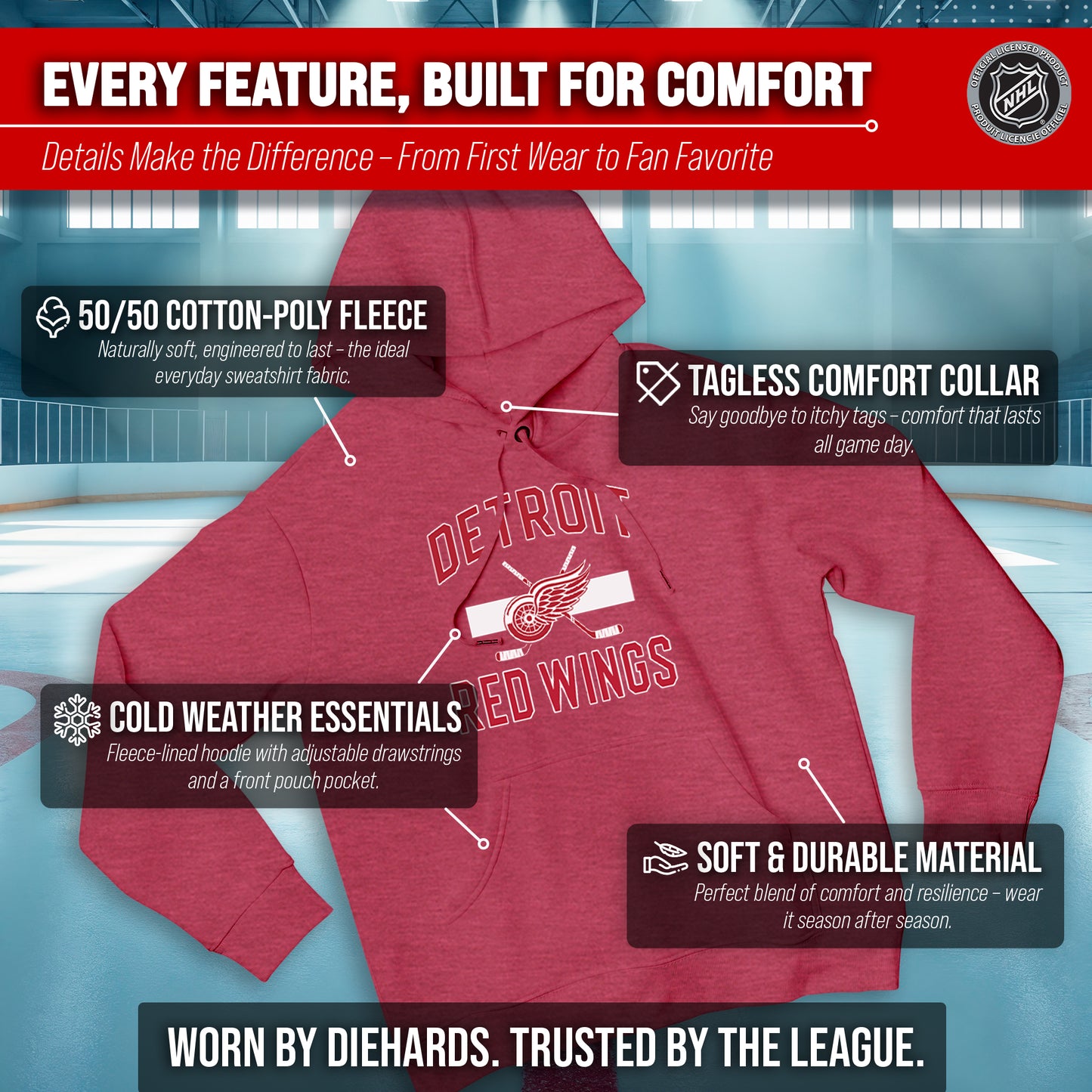 Detroit Red Wings Adult NHL Faceoff Hockey Fleece Hooded Sweatshirt- Jersey Stripe - Red