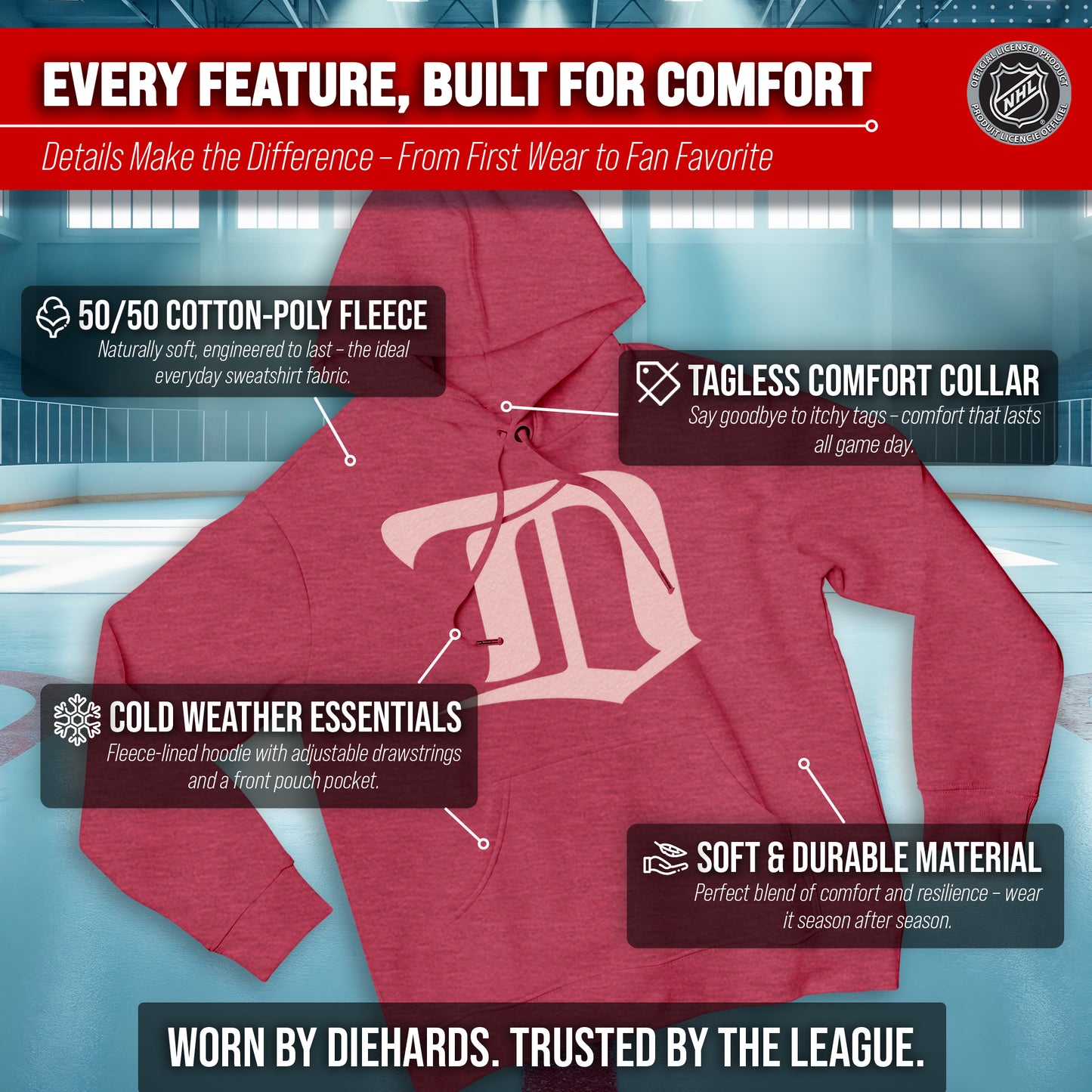 Detroit Red Wings Adult NHL Retro Logo Hockey Fleece Hooded Sweatshirt - Red Heather