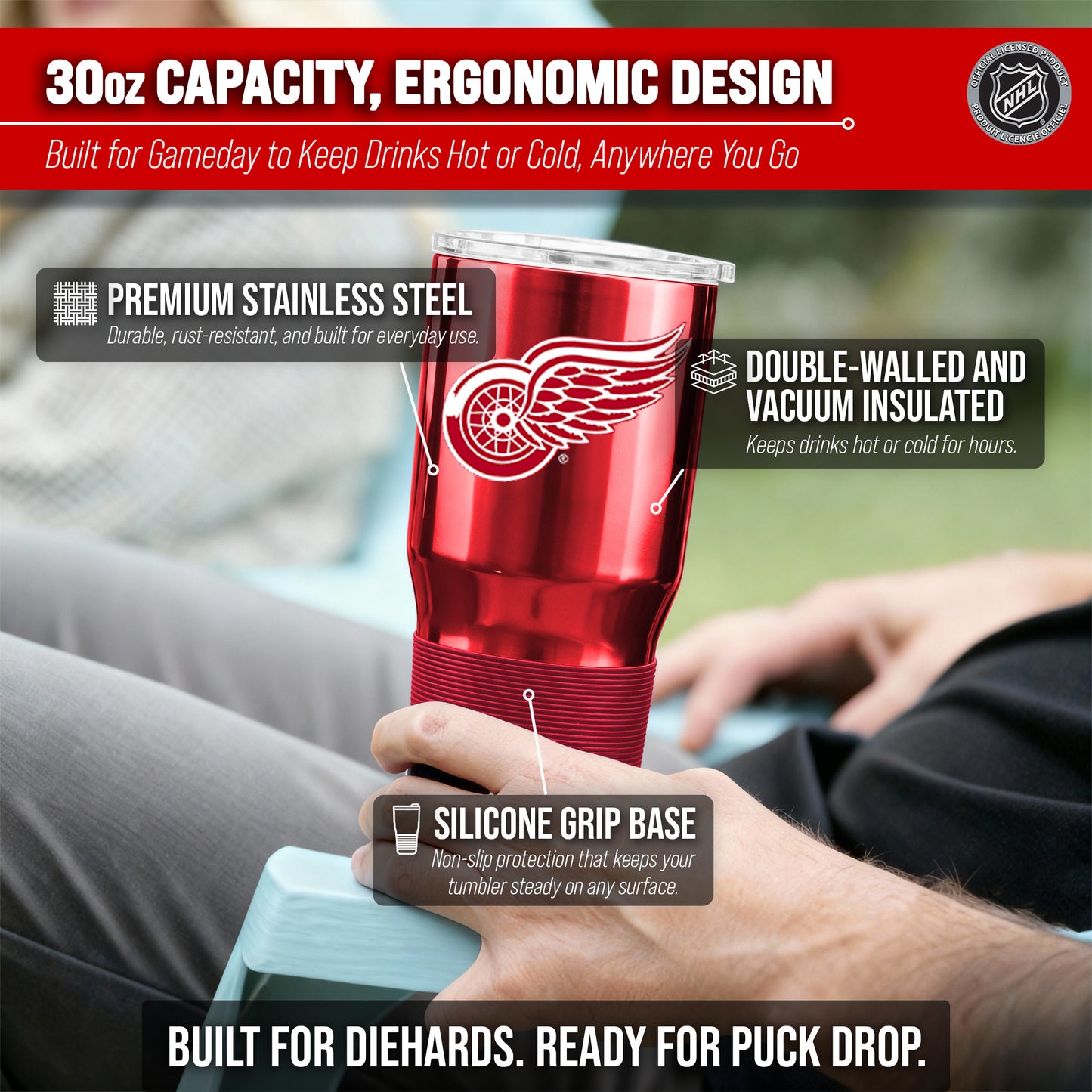 Detroit Red Wings NHL Hockey 30oz Stainless Steel Vacuum Insulated Game Day Tumbler with Silicone Grip - Red