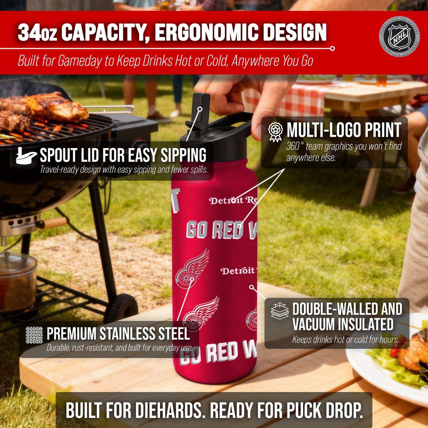 Detroit Red Wings NHL Hockey 34oz Stainless Steel Vacuum Insulated Game Day Water Bottle with Flip Straw Lid and Handle - Red