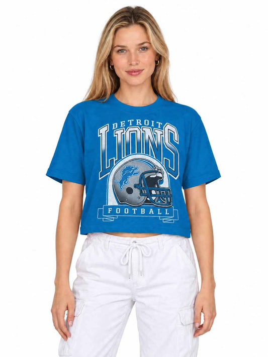 Detroit Lions  Women's Franchise Helmet Crop T-Shirt Mock Neck - Blue