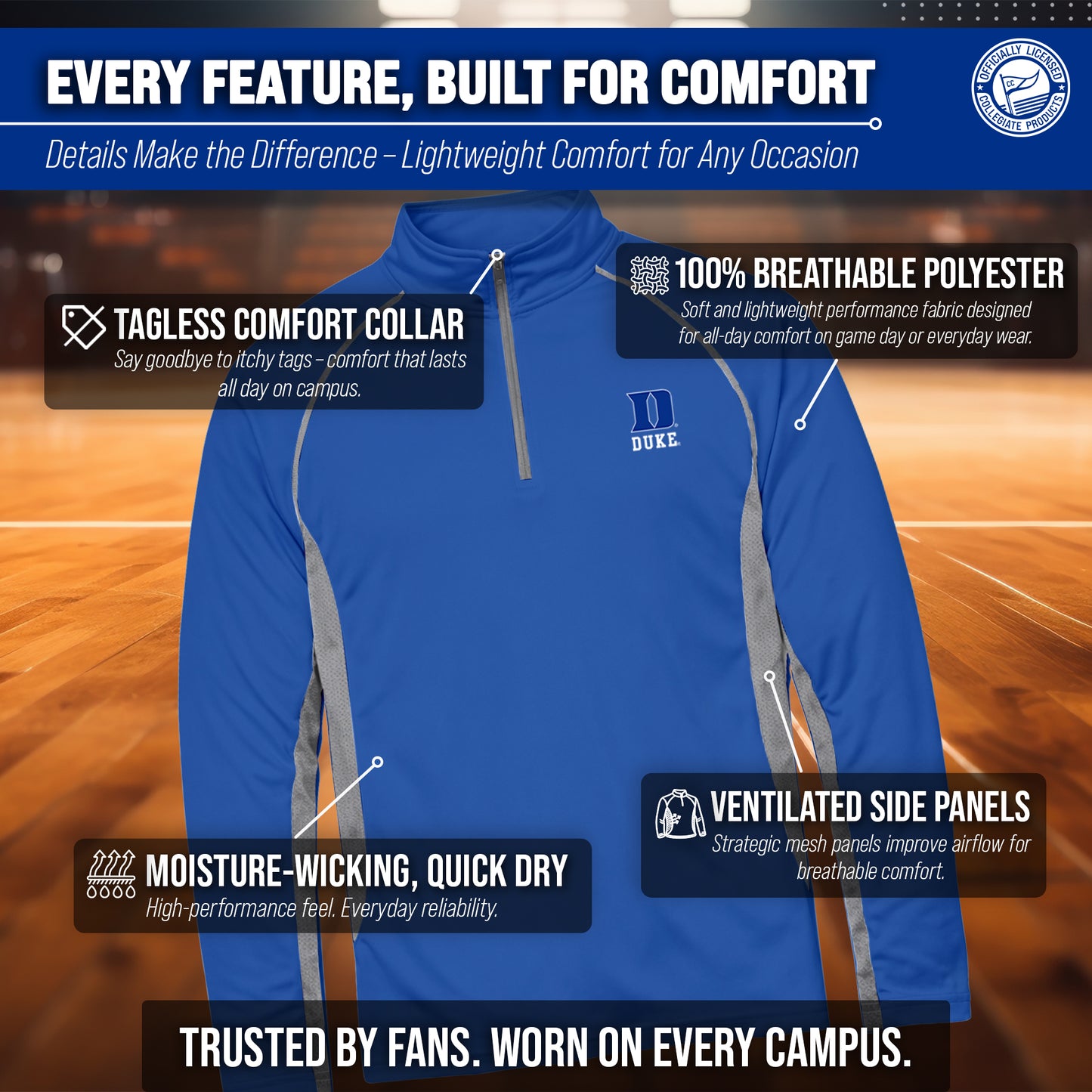 Duke Blue Devils Mens NCAA Campus Classic Long Sleeve 1/4 Zip Windshirt - Royal