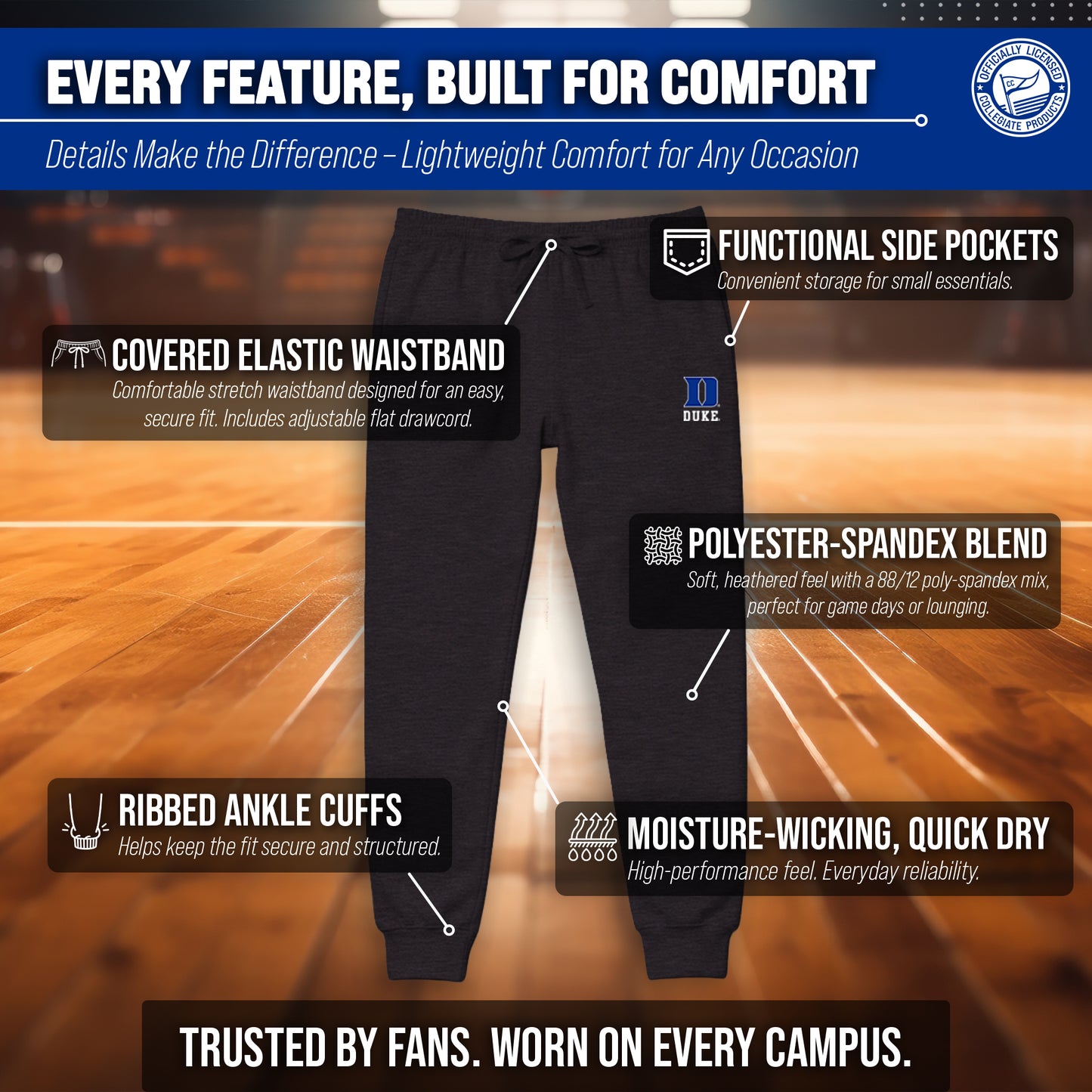 Duke Blue Devils NCAA Men’s University Cloud Jersey Performance Jogger Pants with Drawstring Waistband - Black Heather