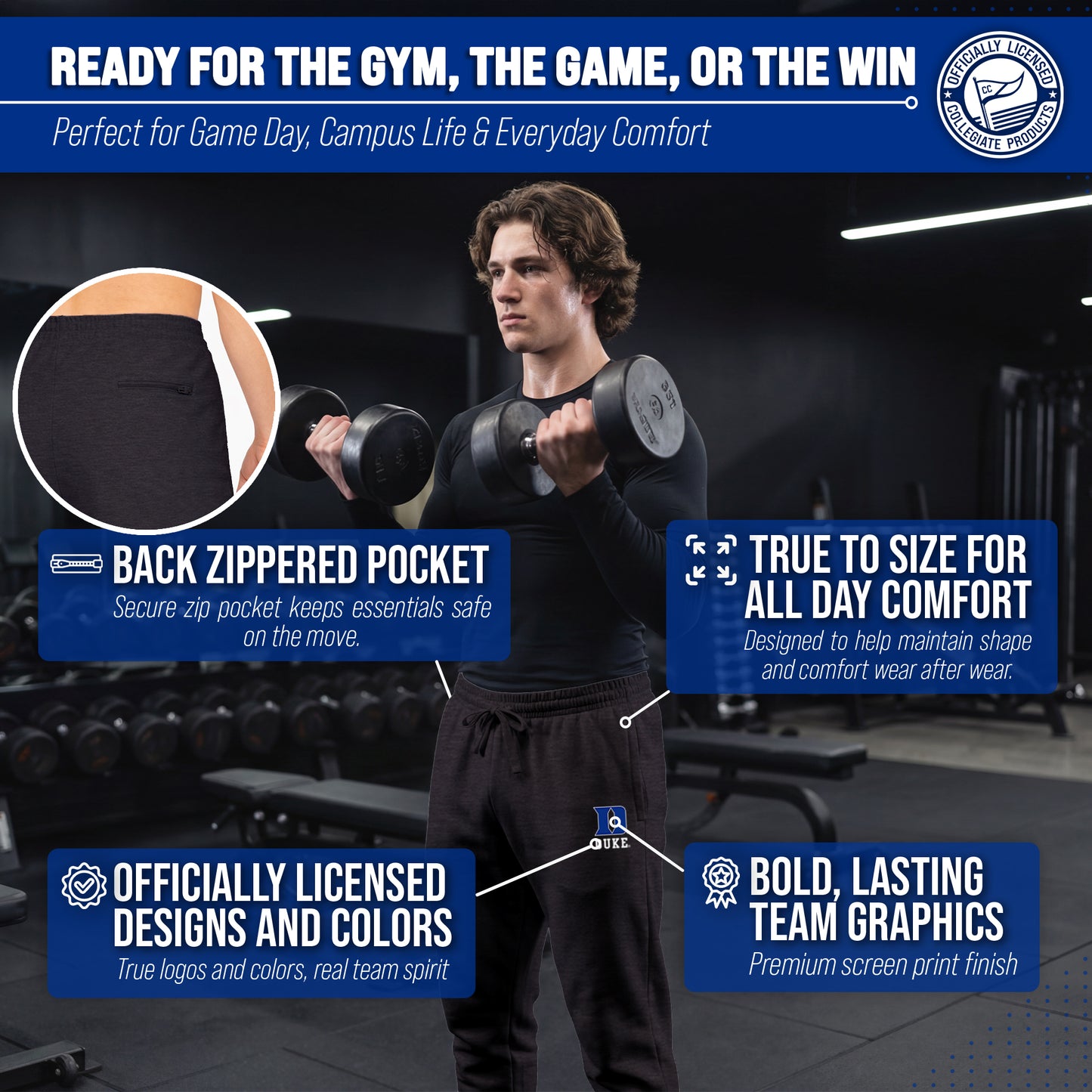 Duke Blue Devils NCAA Men’s University Cloud Jersey Performance Jogger Pants with Drawstring Waistband - Black Heather