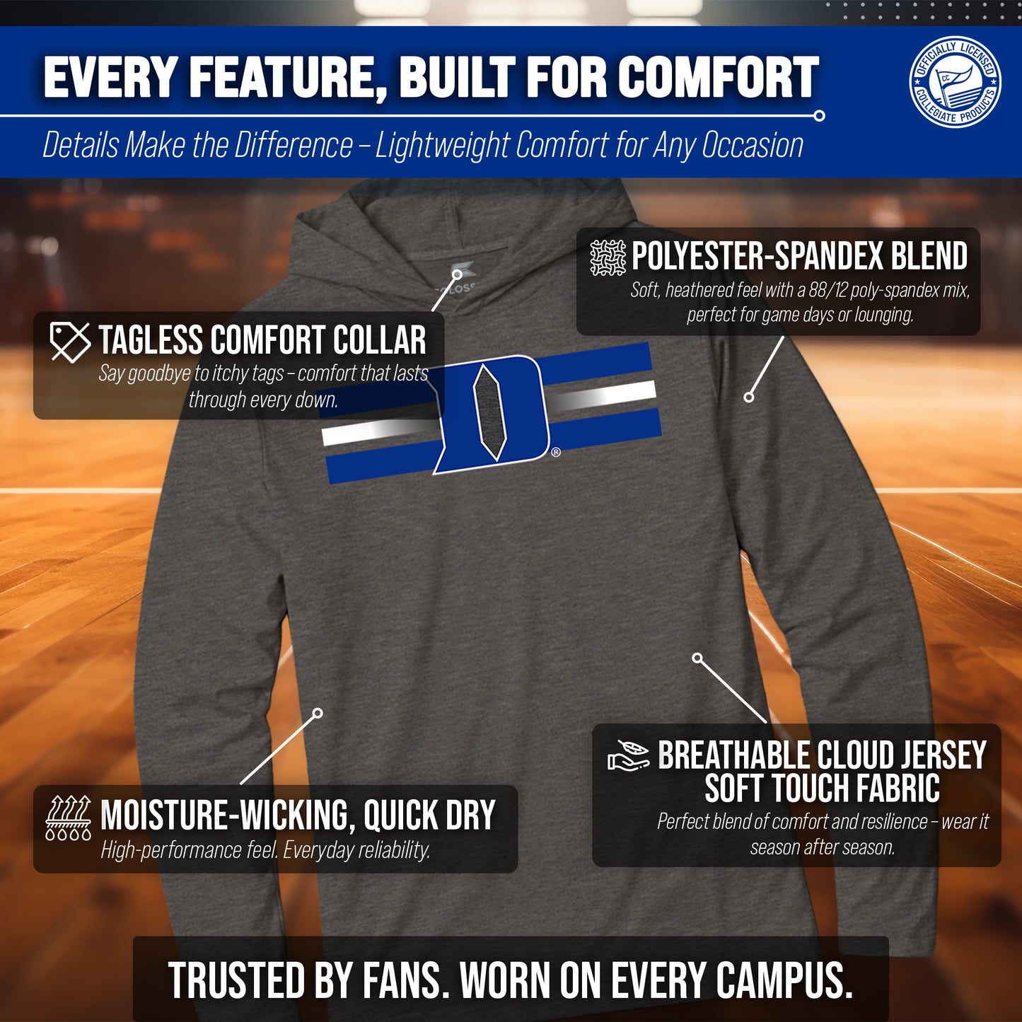 Duke Blue Devils NCAA Unisex Scholarship Cloud Jersey Performance Hooded Long Sleeve Tee - Black Heather