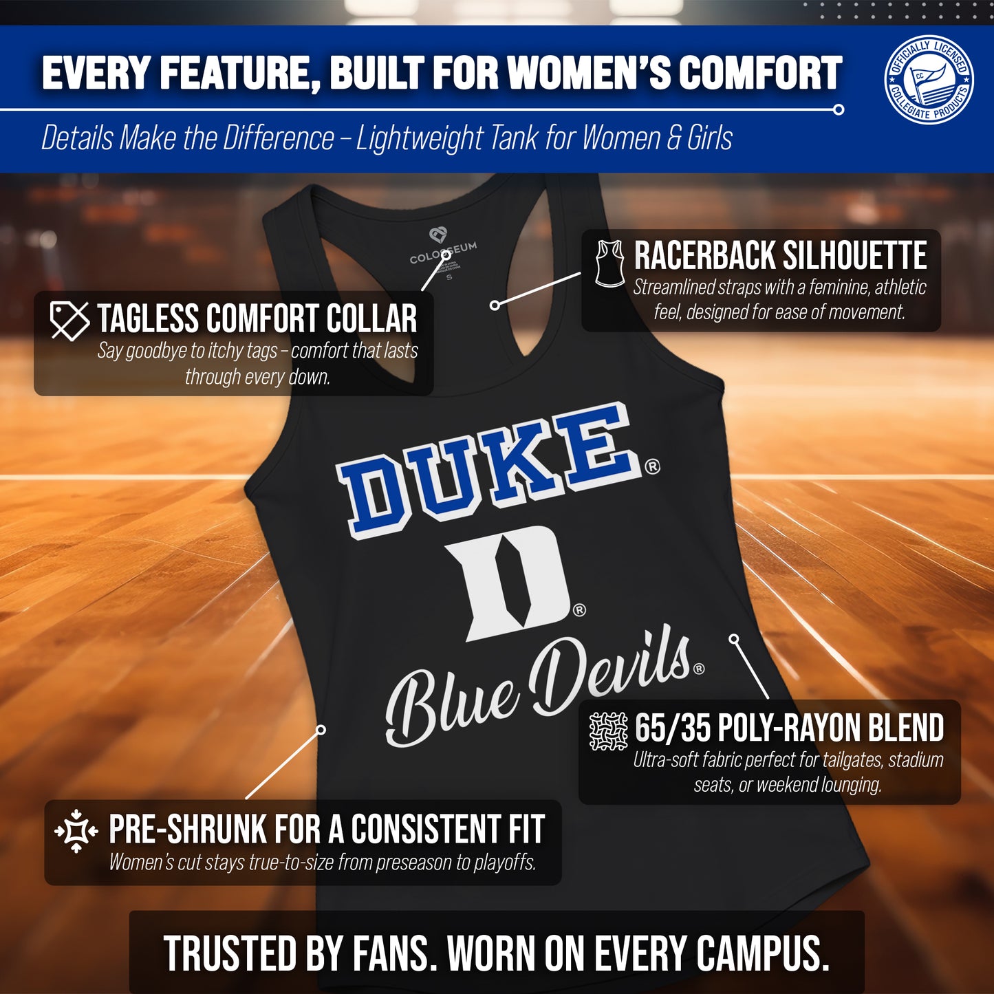 Duke Blue Devils NCAA Womens Tag-Less Ultra Soft Tailgate Tank Top - Black Heather