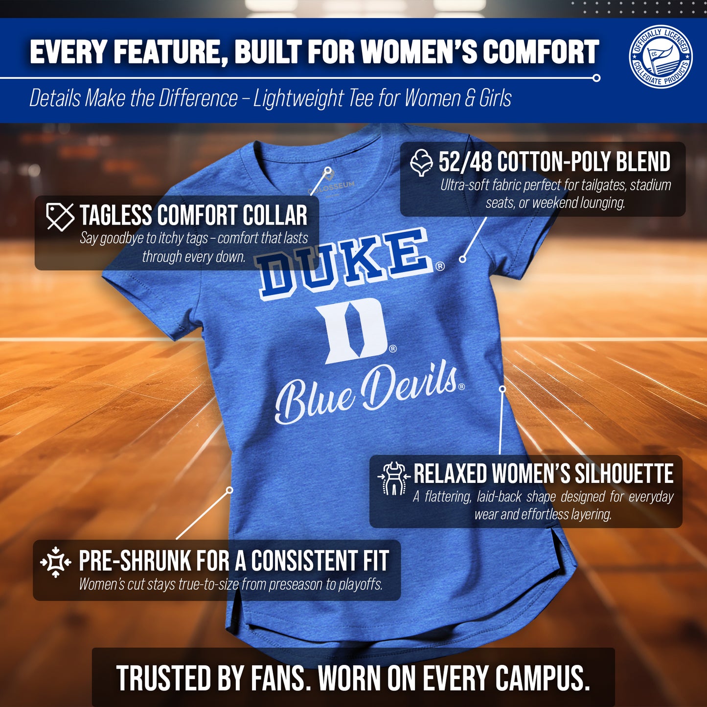 Duke Blue Devils NCAA Womens Tag-Less Ultra Soft Tailgate T-Shirt - Royal Heather