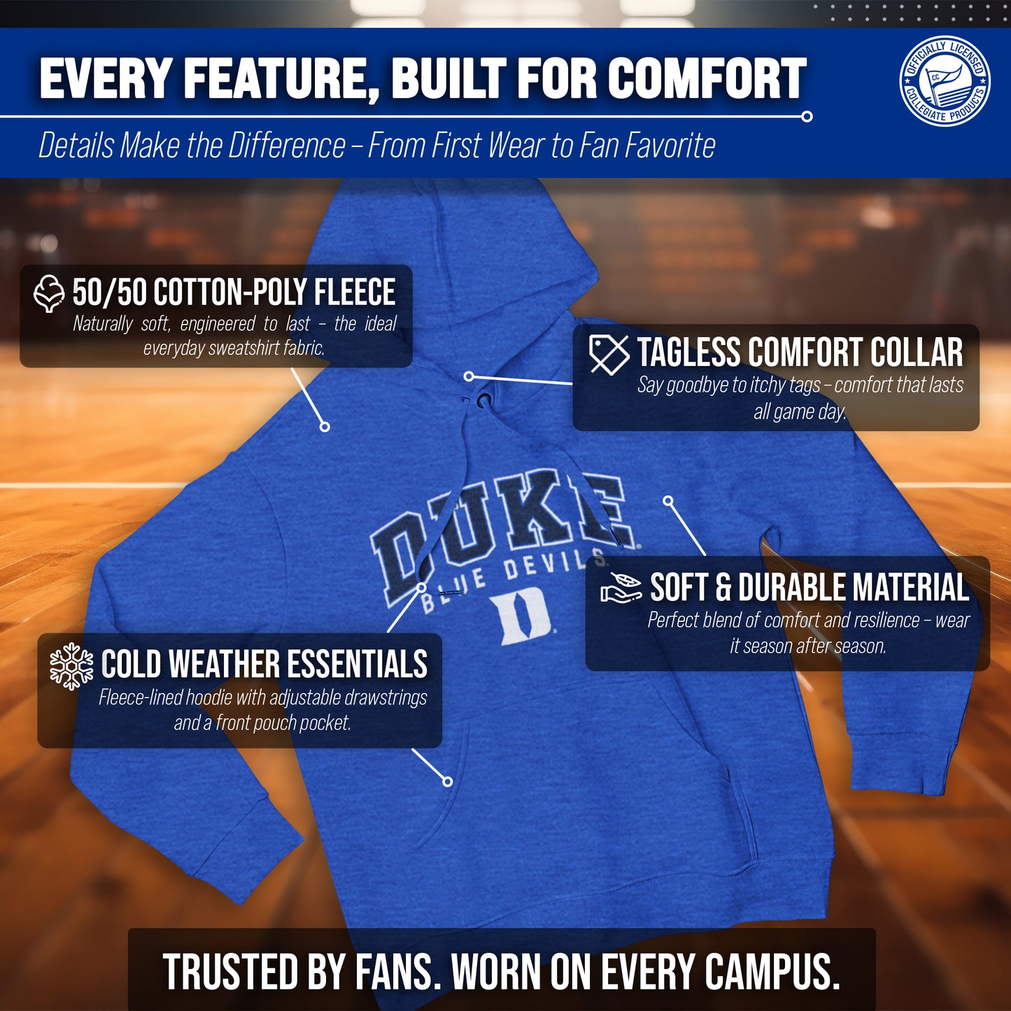 Duke Blue Devils NCAA Adult Unisex Starting Fresh Heathered Hooded Fleece Sweatshirt - Royal Heather