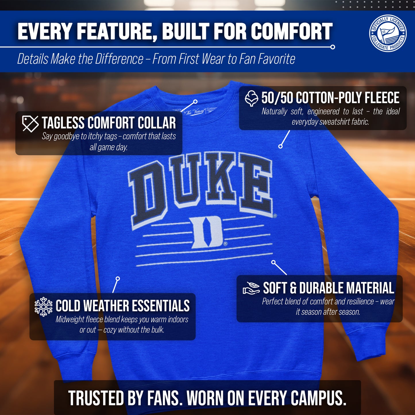 Duke Blue Devils NCAA Adult Unisex Overtime Classics Crewneck Fleece Sweatshirt - Royal Heather