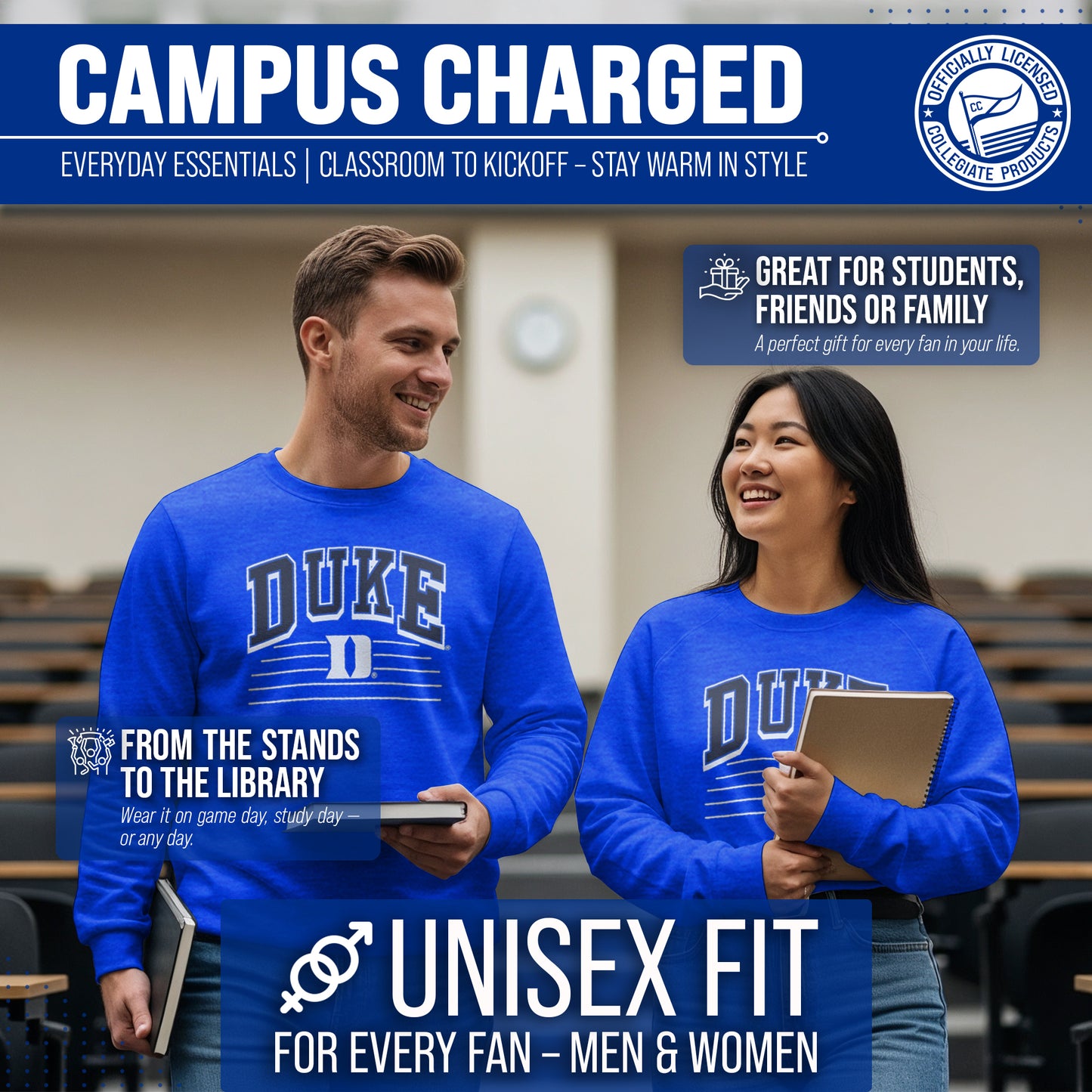 Duke Blue Devils NCAA Adult Unisex Overtime Classics Crewneck Fleece Sweatshirt - Royal Heather