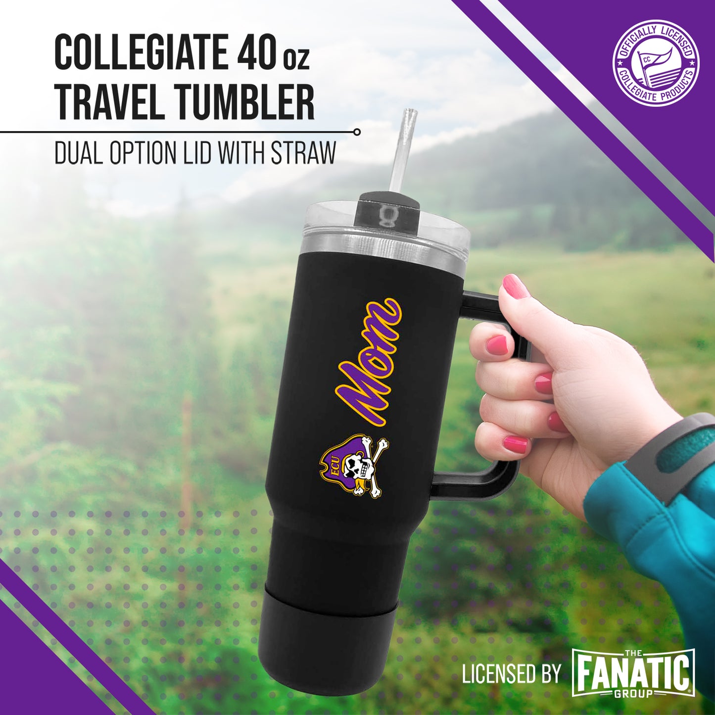 East Carolina Pirates Collegiate 40oz Stainless Steel Travel Tumbler with Handle for Mom - Black