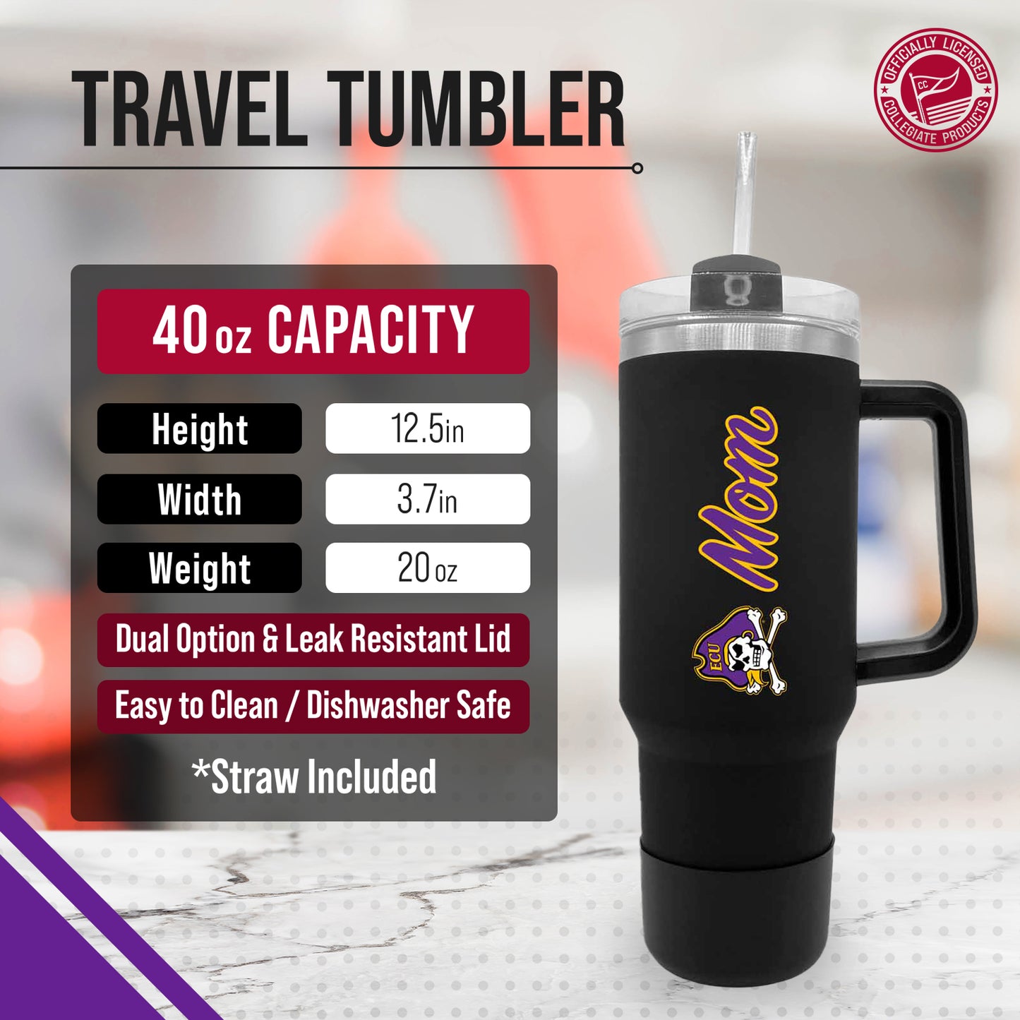 East Carolina Pirates Collegiate 40oz Stainless Steel Travel Tumbler with Handle for Mom - Black
