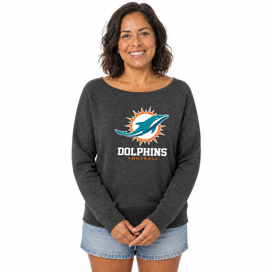 Miami Dolphins  Women NFL French Terry Slouchy Raglan Top Scoop Neckline - Charcoal