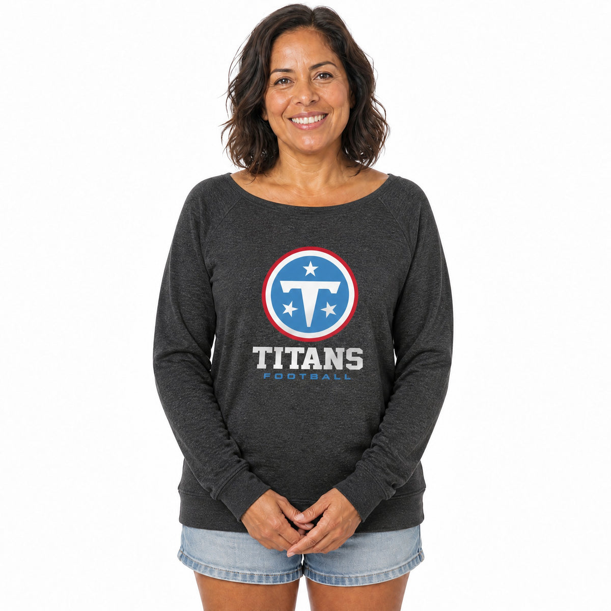 Tennessee Titans  Women NFL French Terry Slouchy Top Scoop Neckline - Charcoal