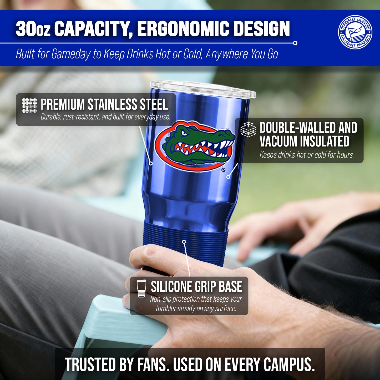 Florida Gators NCAA University 30oz Stainless Steel Vacuum Insulated Game Day Tumbler with Silicone Grip - Royal