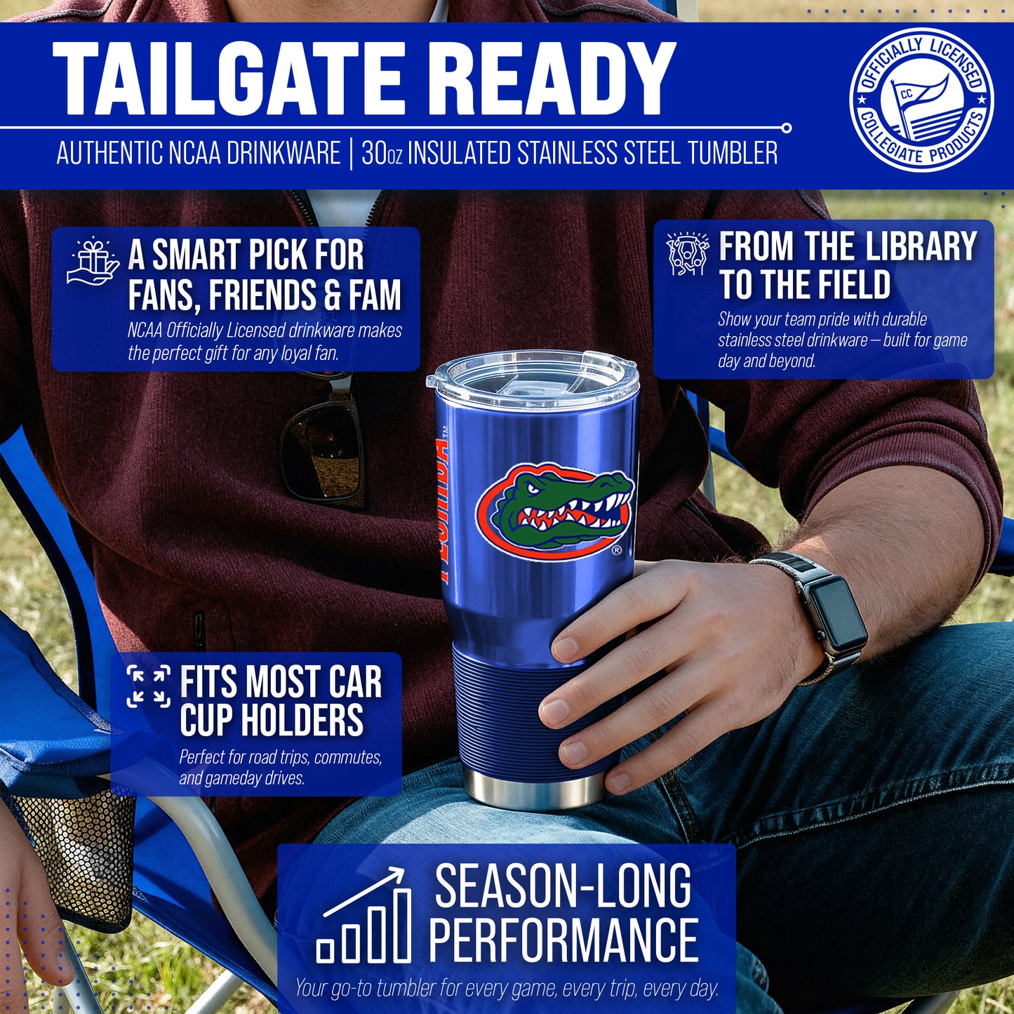 Florida Gators NCAA University 30oz Stainless Steel Vacuum Insulated Game Day Tumbler with Silicone Grip - Royal