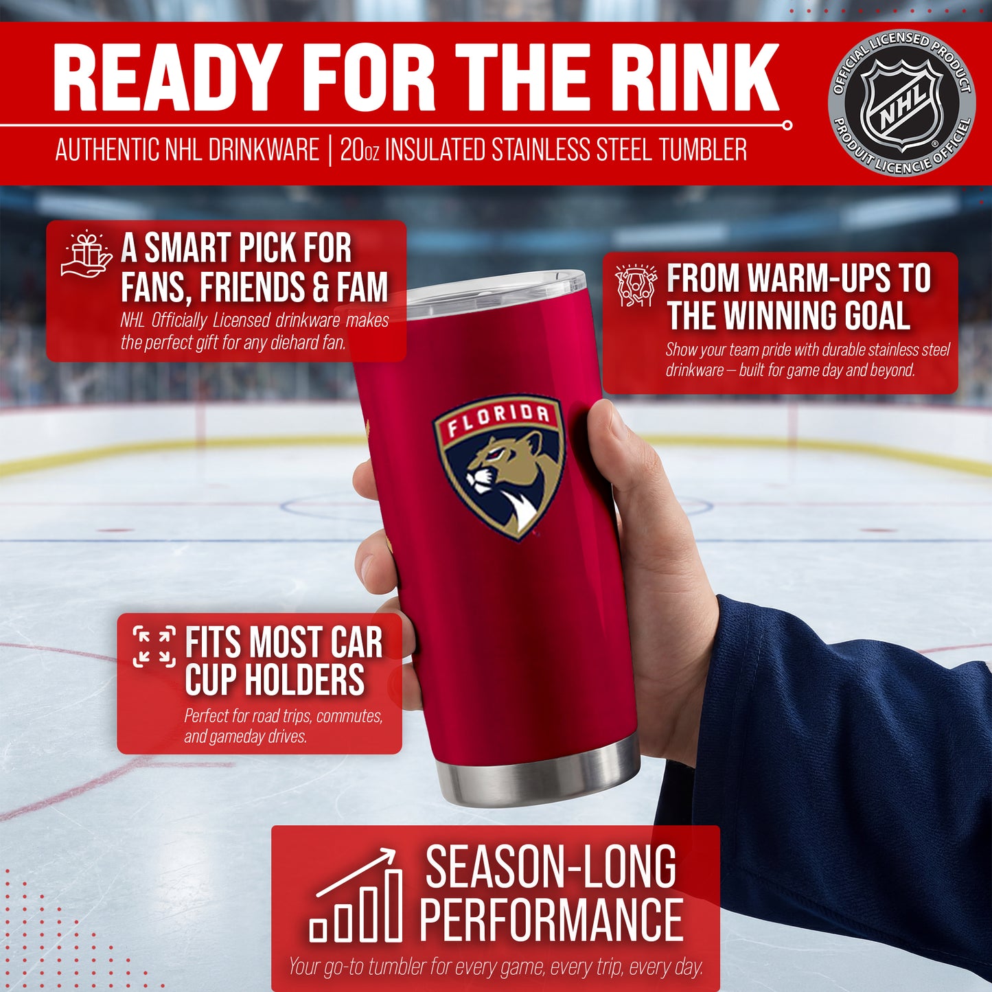 Florida Panthers NHL Hockey 20oz Stainless Steel Vacuum Insulated Game Day Tumbler with Silicone Grip - Red