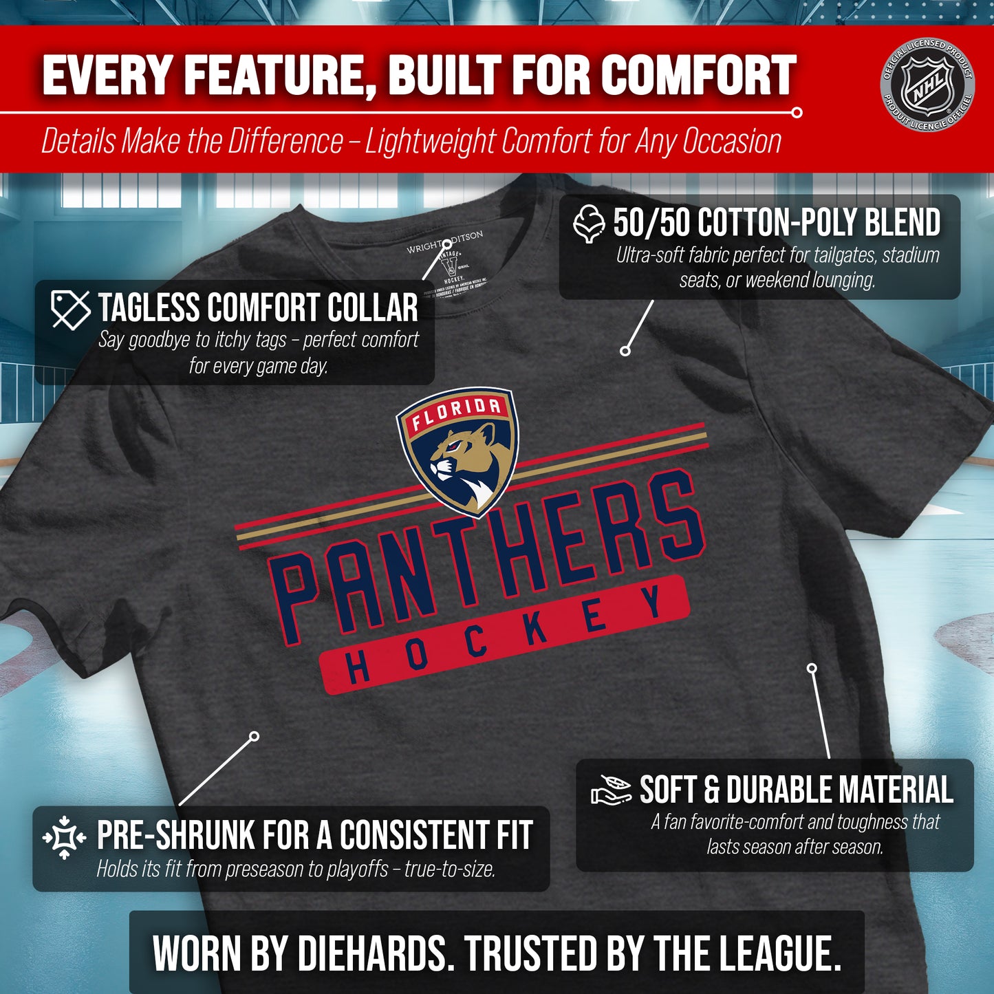 Florida Panthers Adult NHL Heather Charcoal True Fan Hockey T-Shirt - Charcoal