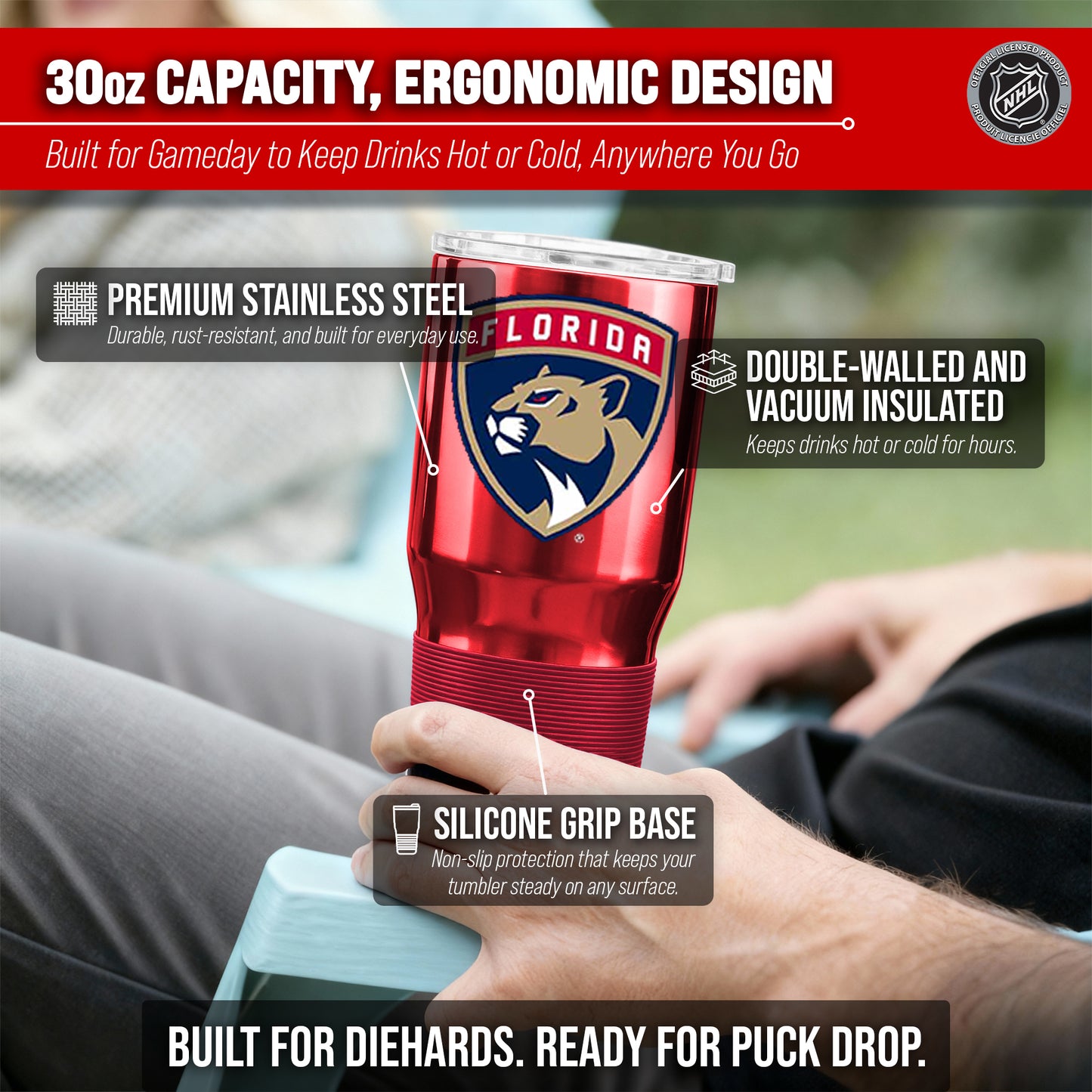 Florida Panthers NHL Hockey 30oz Stainless Steel Vacuum Insulated Game Day Tumbler with Silicone Grip - Red