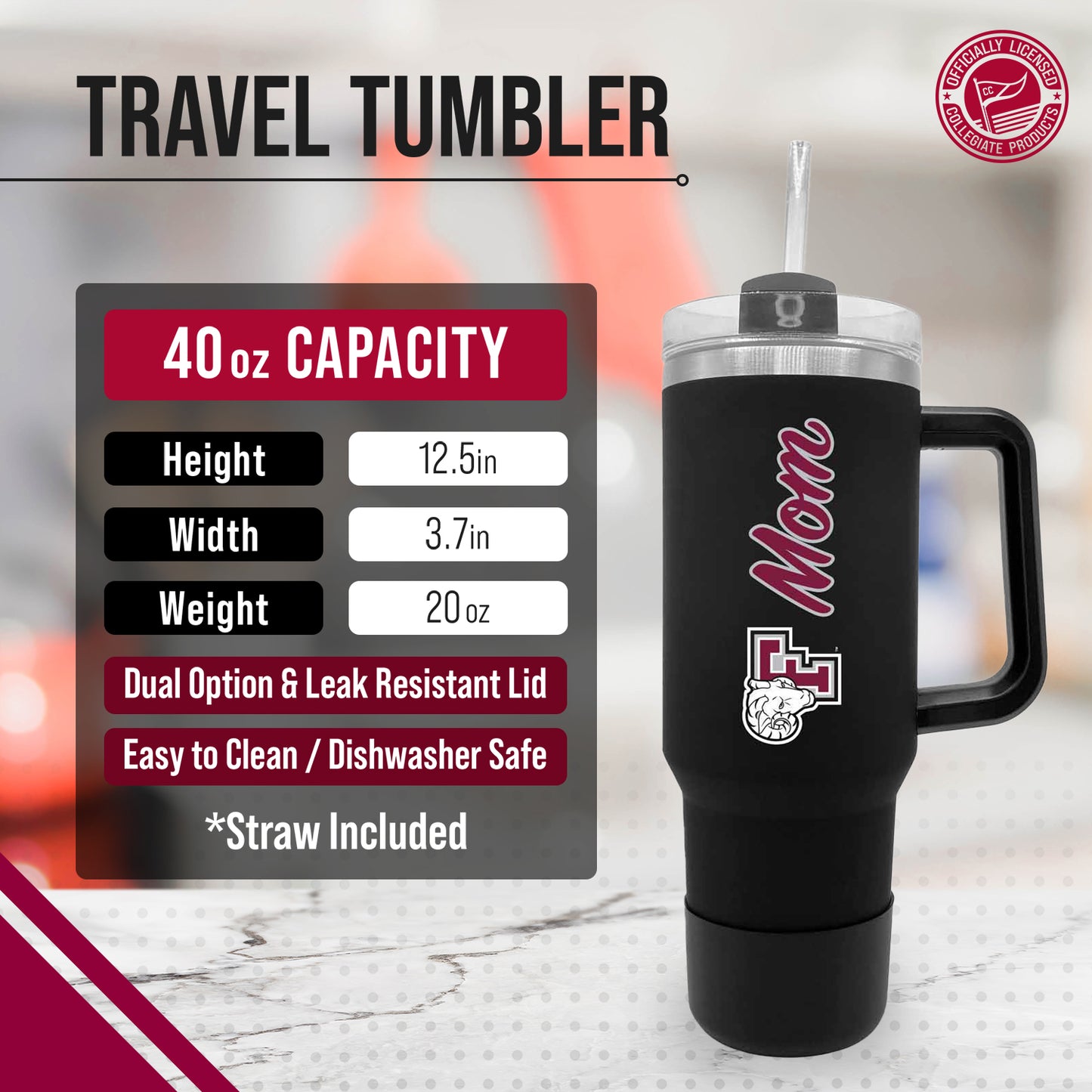 Fordham Rams Collegiate 40oz Stainless Steel Travel Tumbler with Handle for Mom - Black