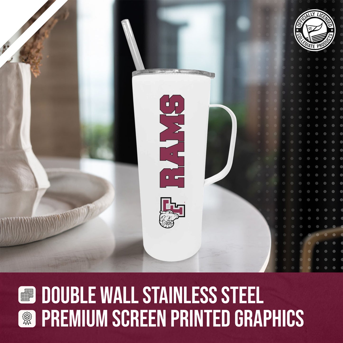 Fordham Rams NCAA Stainless Steel 20oz Roadie With Handle & Dual Option Lid With Straw - White