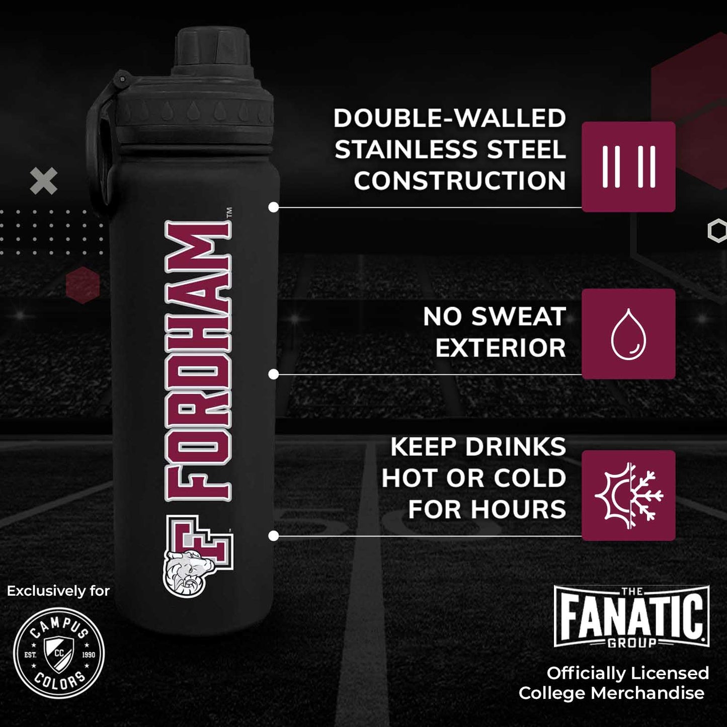 Fordham Rams NCAA Stainless Steel Water Bottle - Black