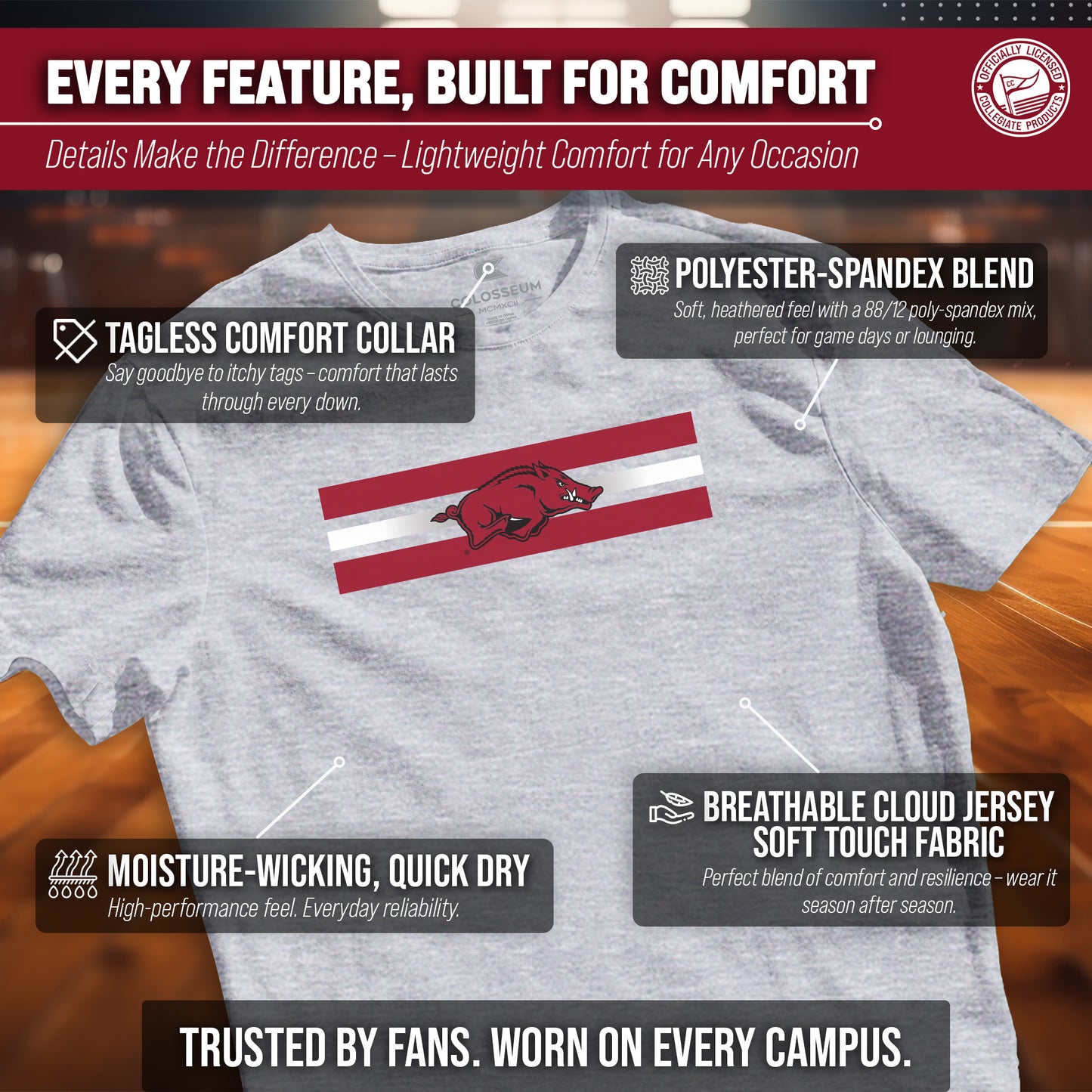 Arkansas Razorbacks Unisex NCAA Scholarship Cloud Jersey Athletic Short Sleeve Performance Tee - Gray Heather