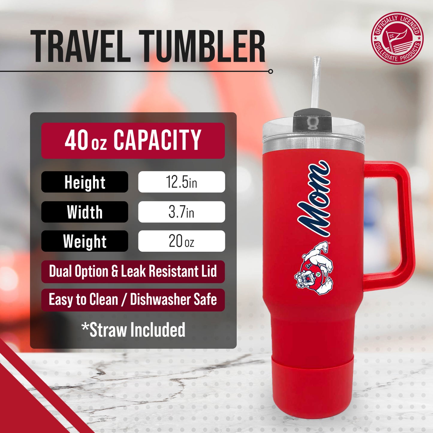 Fresno State Bulldogs Collegiate 40oz Stainless Steel Travel Tumbler with Handle for Mom - Red