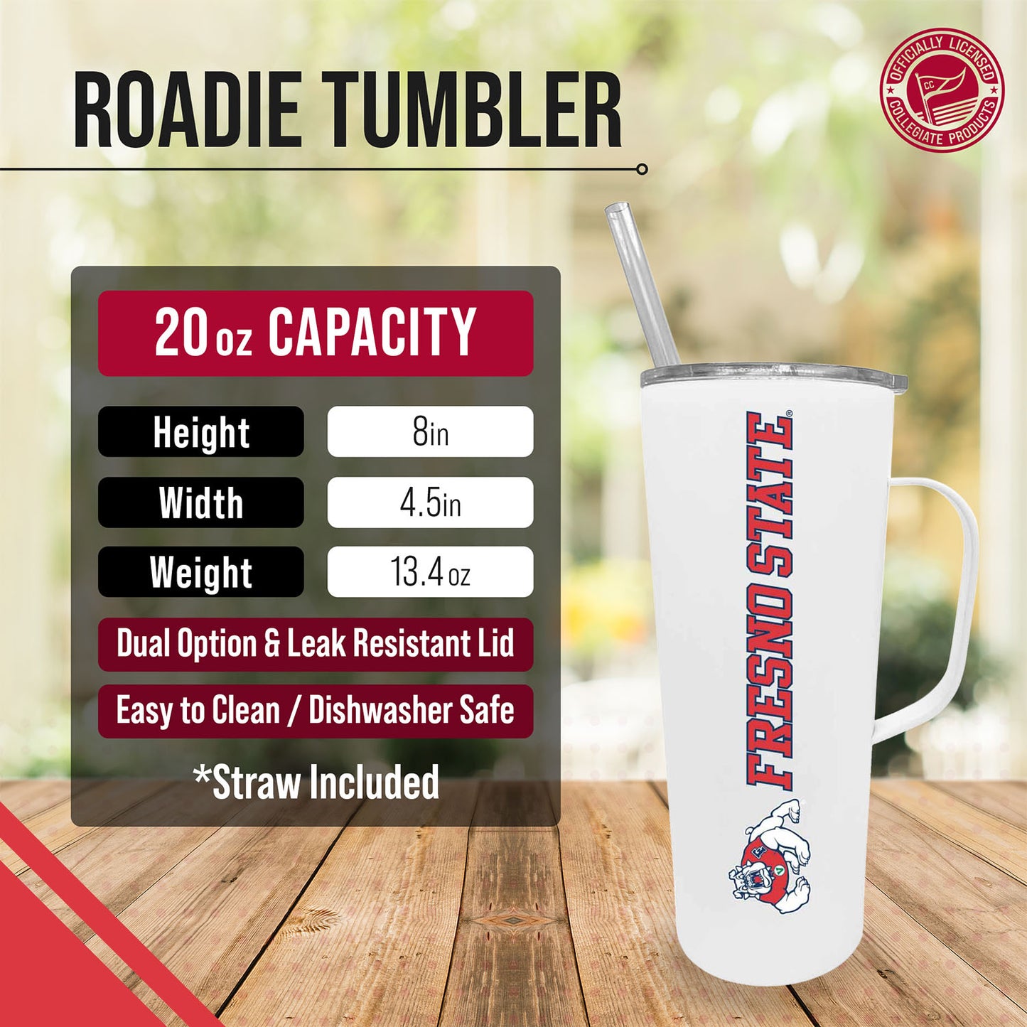 Fresno State Bulldogs NCAA Stainless Steel 20oz Roadie With Handle & Dual Option Lid With Straw - White
