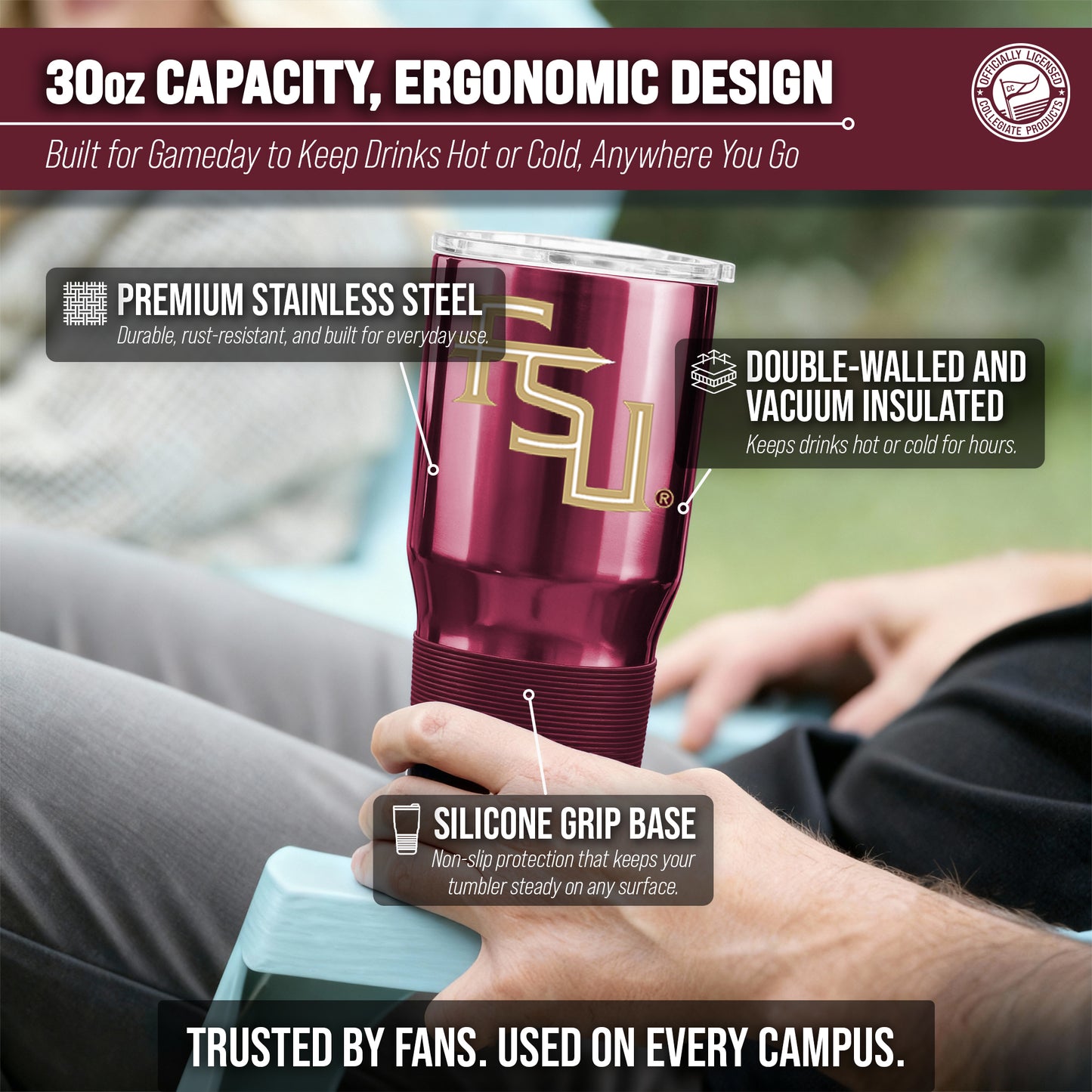 Florida State Seminoles NCAA University 30oz Stainless Steel Vacuum Insulated Game Day Tumbler with Silicone Grip - Maroon