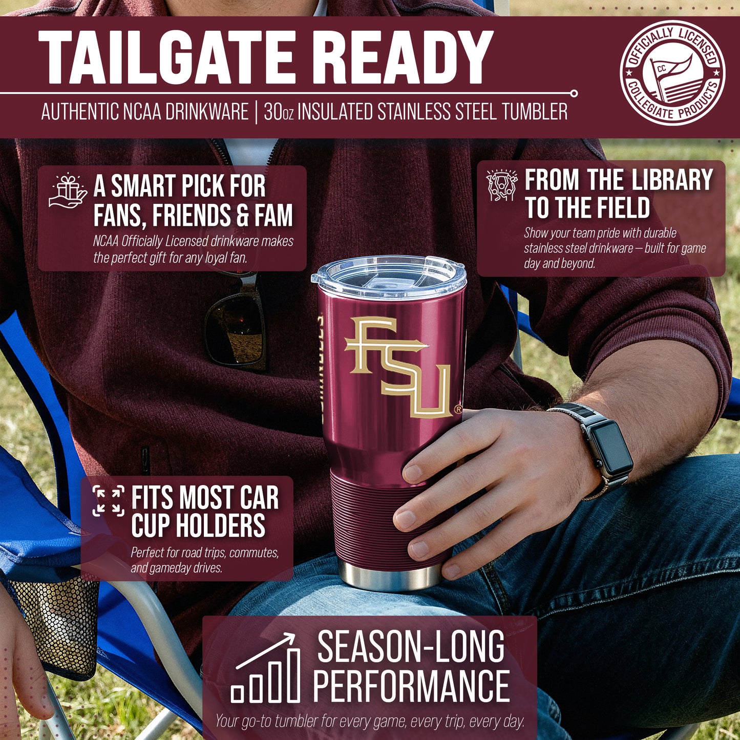 Florida State Seminoles NCAA University 30oz Stainless Steel Vacuum Insulated Game Day Tumbler with Silicone Grip - Maroon