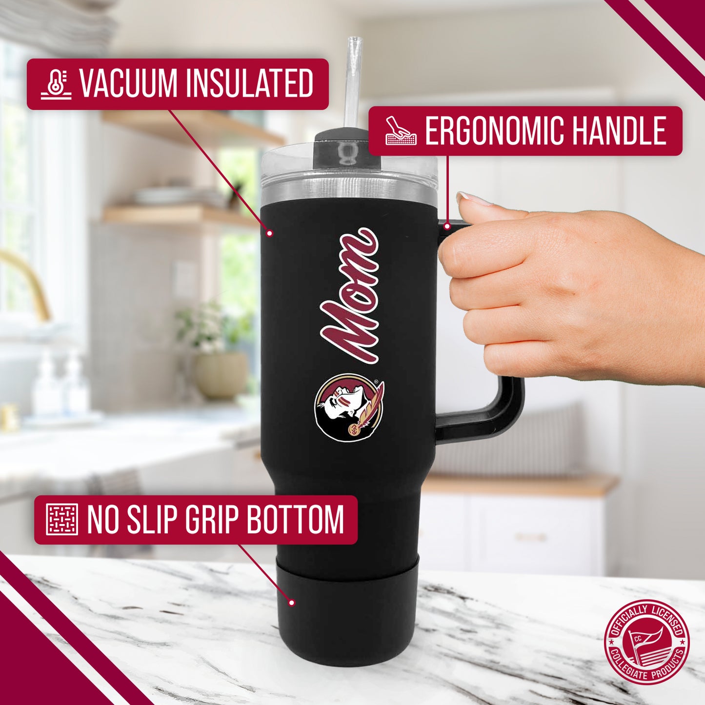 Florida State Seminoles Collegiate 40oz Stainless Steel Travel Tumbler with Handle for Mom - Black