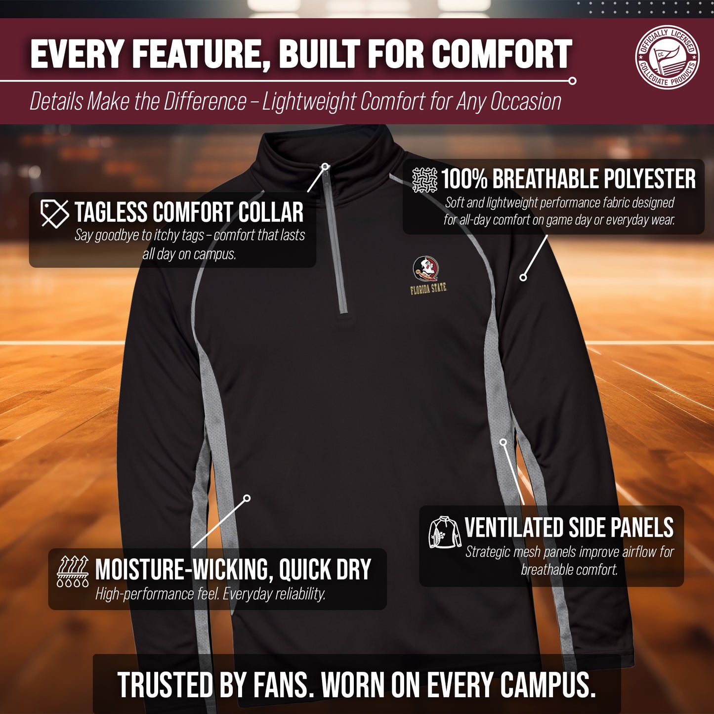 Florida State Seminoles Mens NCAA Campus Classic Long Sleeve 1/4 Zip Windshirt - Black