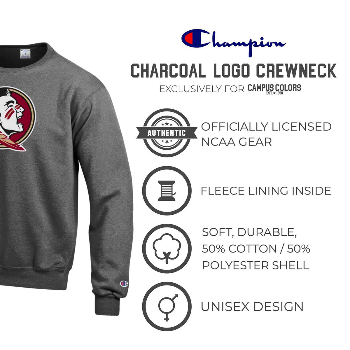 Florida State Seminoles Adult Mascot Fleece Crewneck - Charcoal