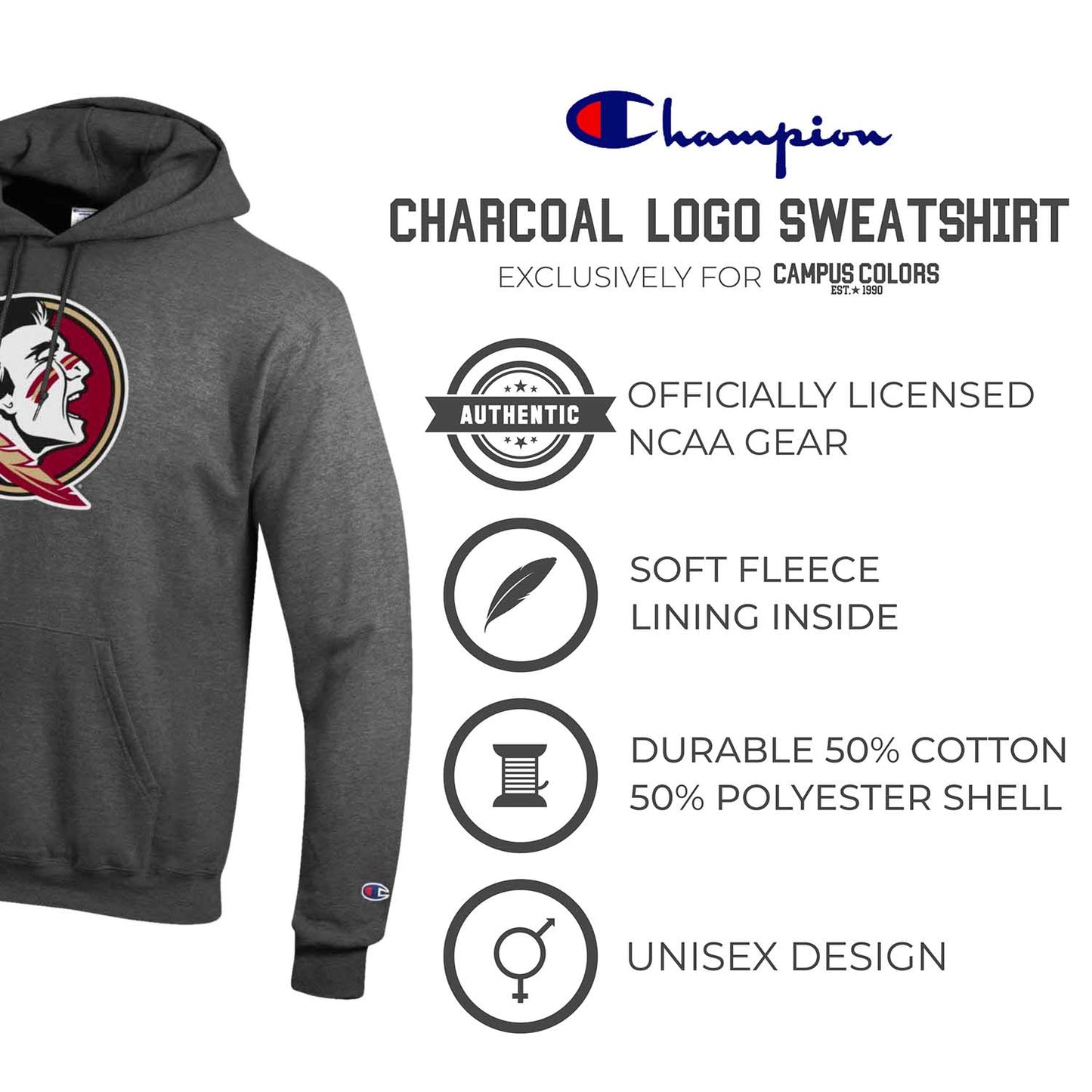 Florida State Seminoles Adult Mascot Fleece Hooded Sweatshirt - Charcoal