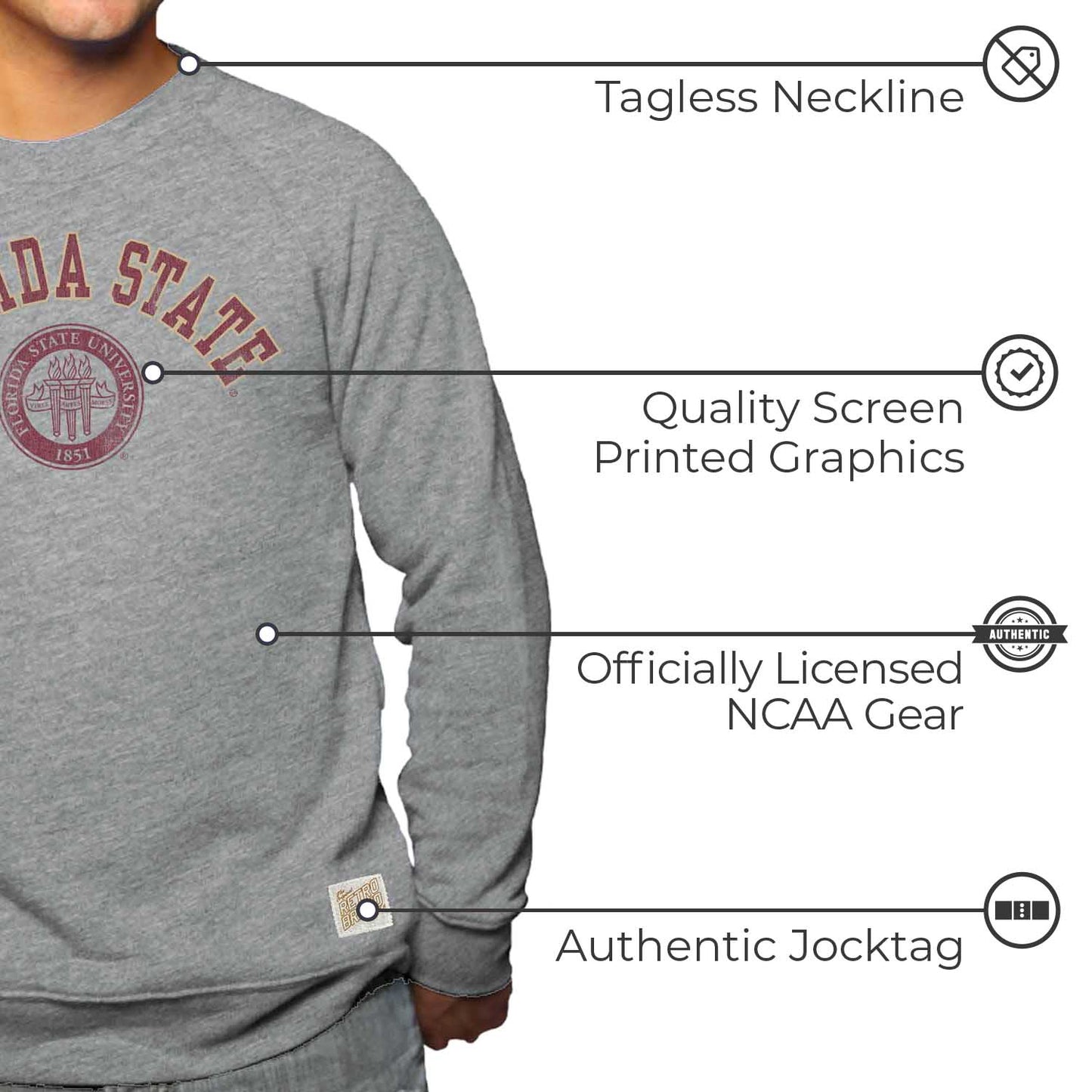 Florida State Seminoles College Gray University Seal Crewneck Sweatshirt - Gray