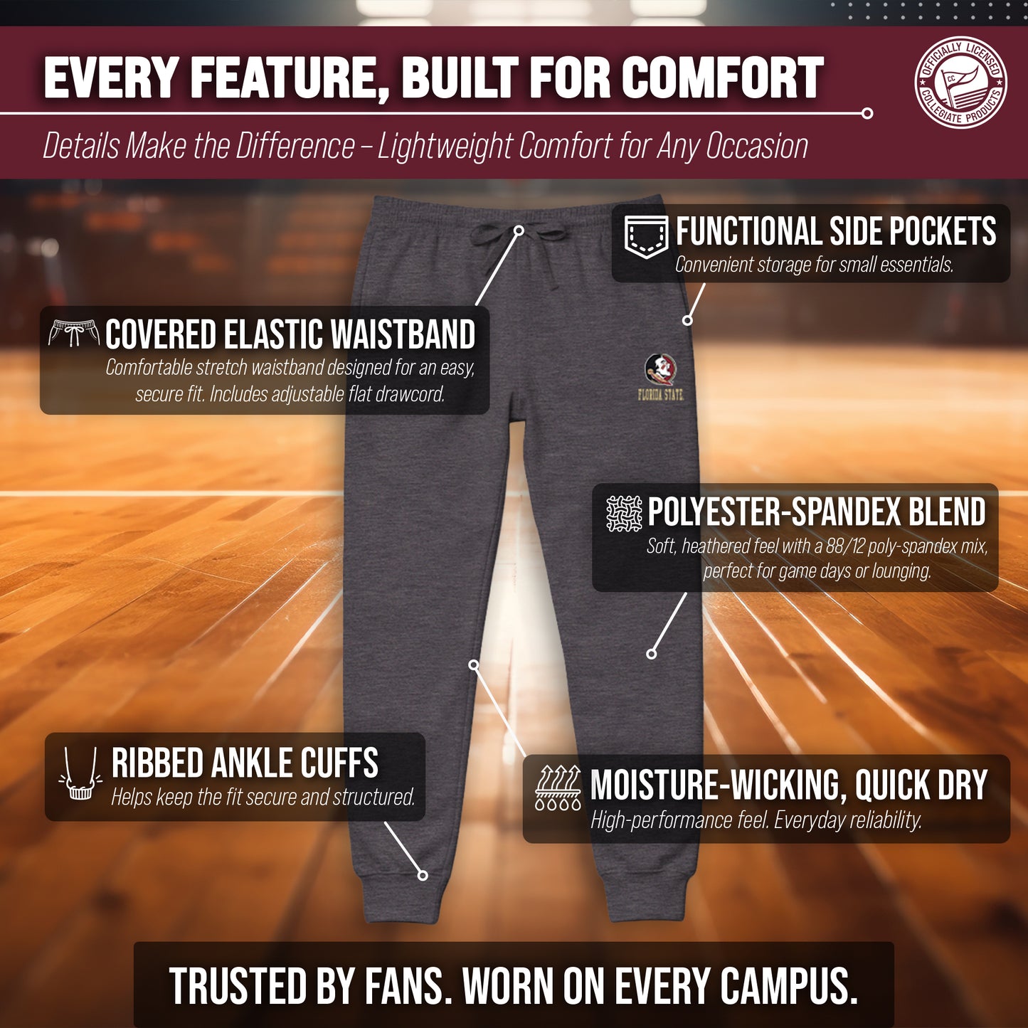 Florida State Seminoles NCAA Men’s University Cloud Jersey Performance Jogger Pants with Drawstring Waistband - Gray Heather