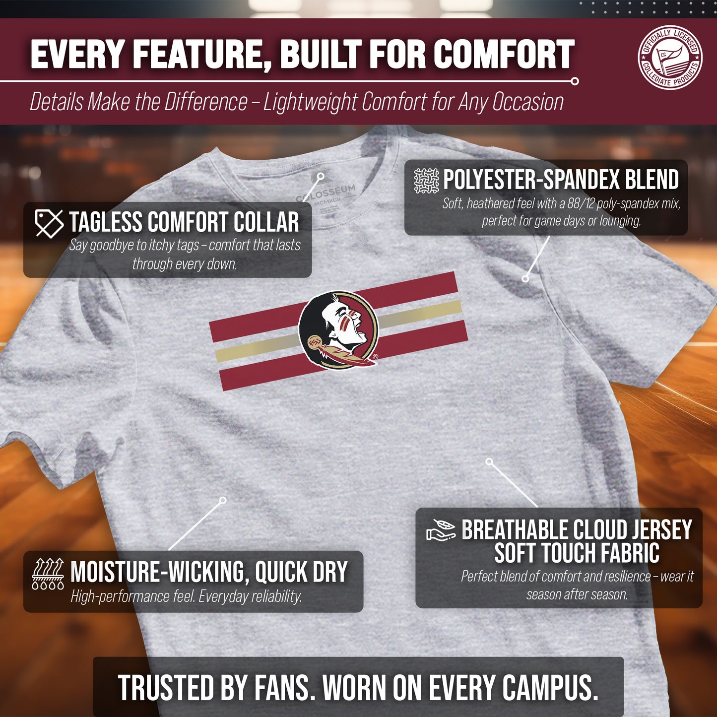 Florida State Seminoles Unisex NCAA Scholarship Cloud Jersey Athletic Short Sleeve Performance Tee - Gray Heather