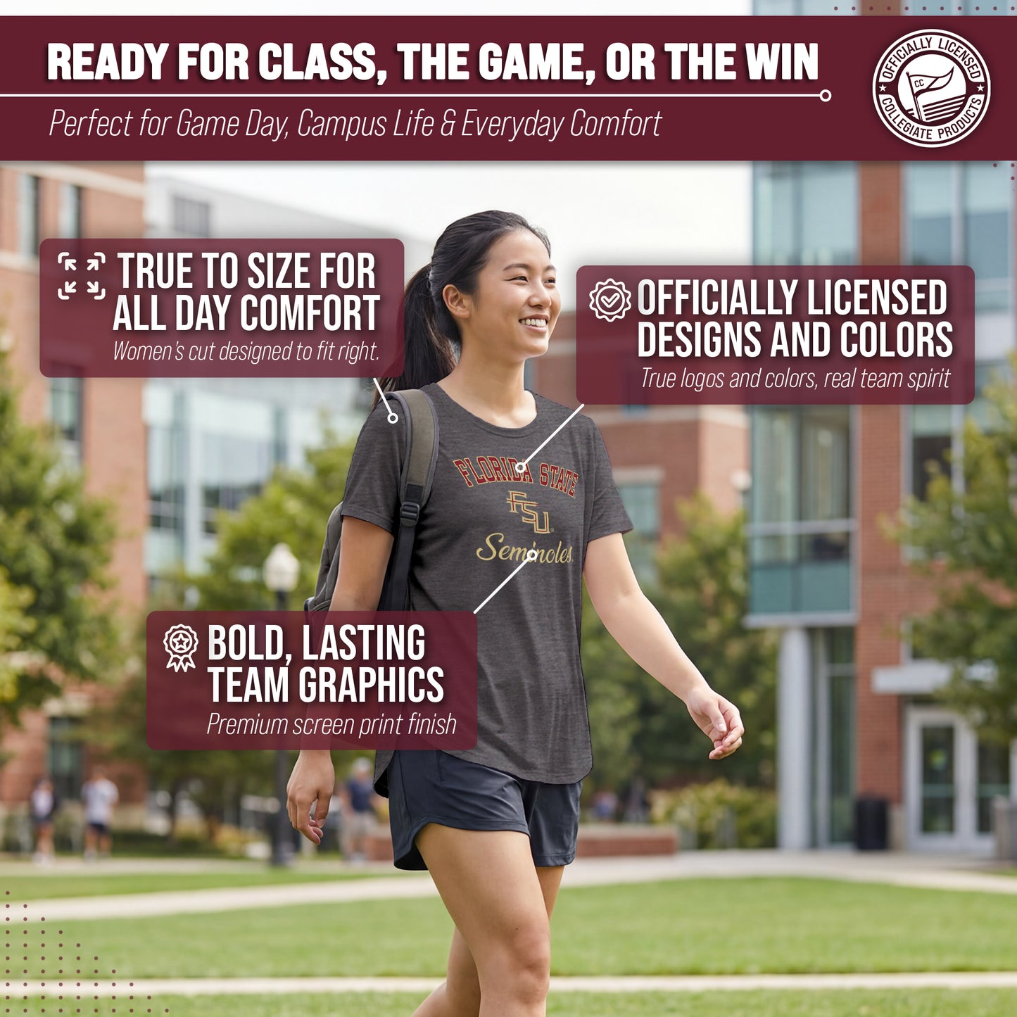 Florida State Seminoles NCAA Womens Tag-Less Ultra Soft Tailgate T-Shirt - Black Heather