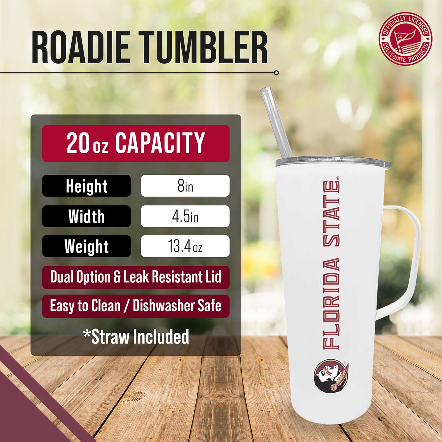 Florida State Seminoles NCAA Stainless Steel 20oz Roadie With Handle & Dual Option Lid With Straw - White