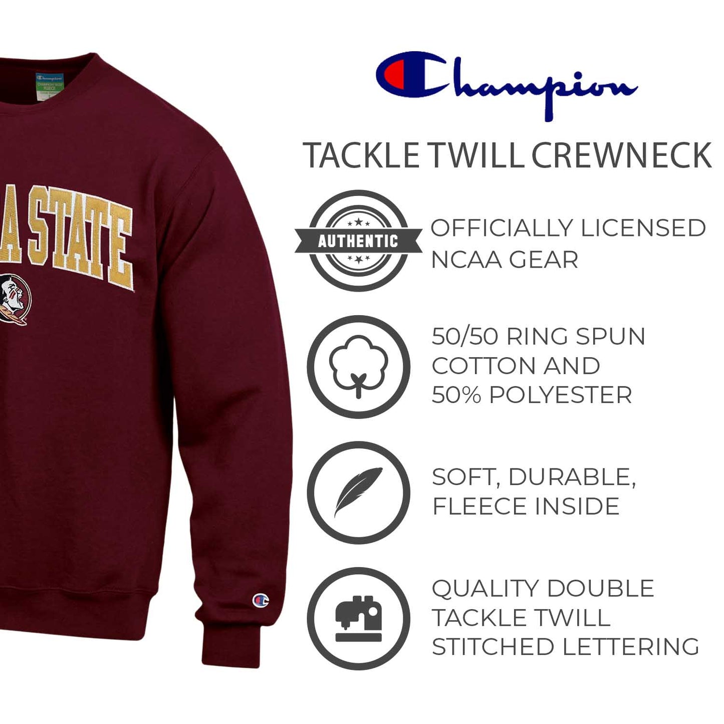 Florida State Seminoles Adult Tackle Twill Crewneck - Cardinal