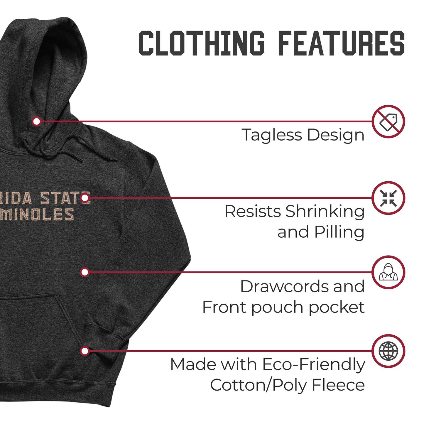 Florida State Seminoles NCAA Adult Cotton Blend Charcoal Hooded Sweatshirt - Charcoal