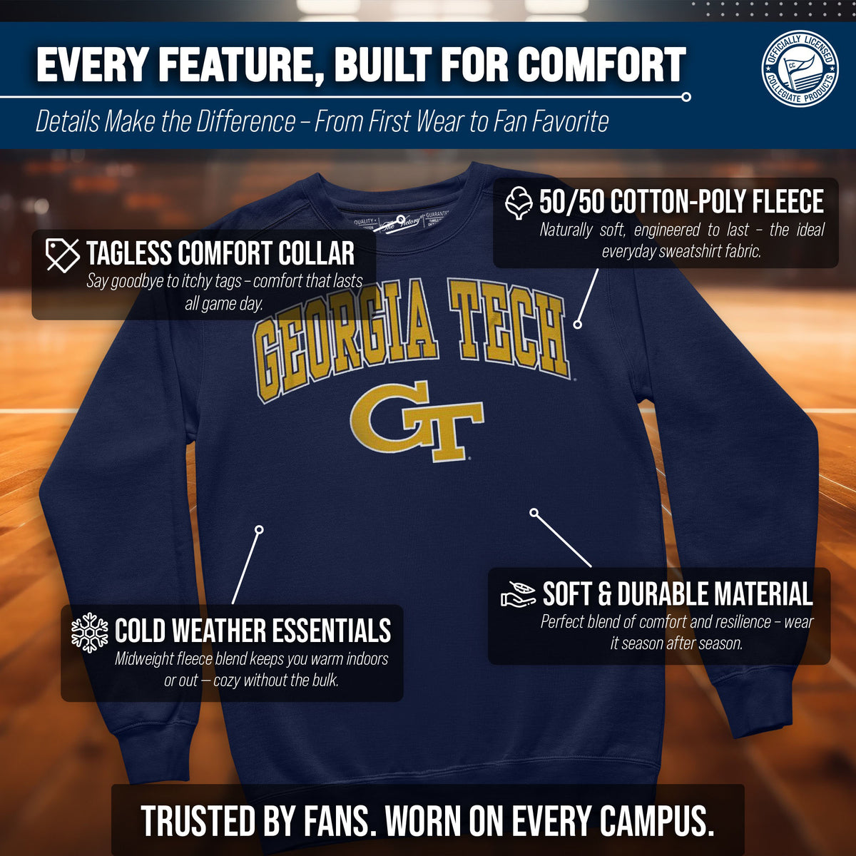 Georgia Tech Yellowjackets Adult Arch & Logo Soft Style Gameday Crewneck Sweatshirt - Navy
