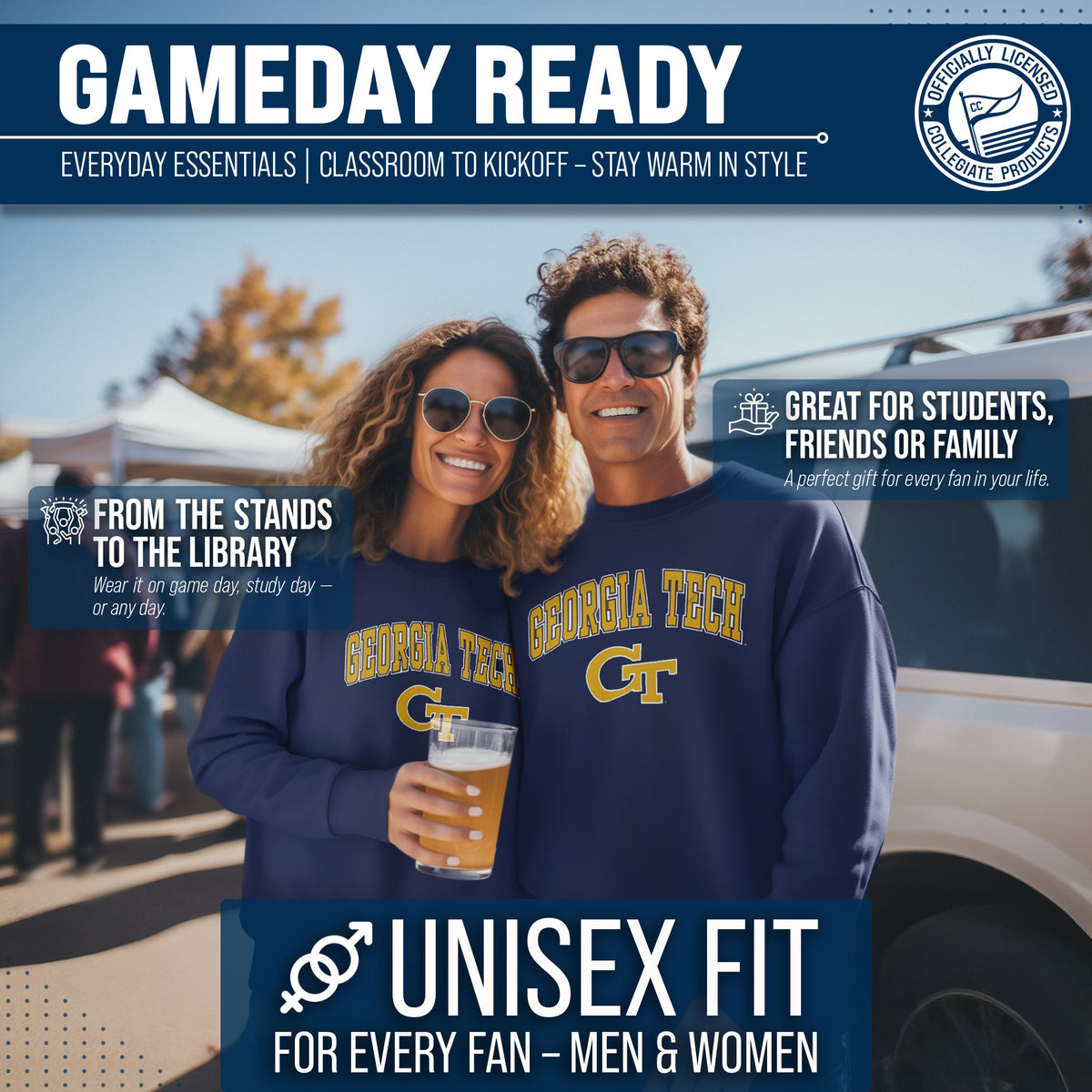 Georgia Tech Yellowjackets Adult Arch & Logo Soft Style Gameday Crewneck Sweatshirt - Navy