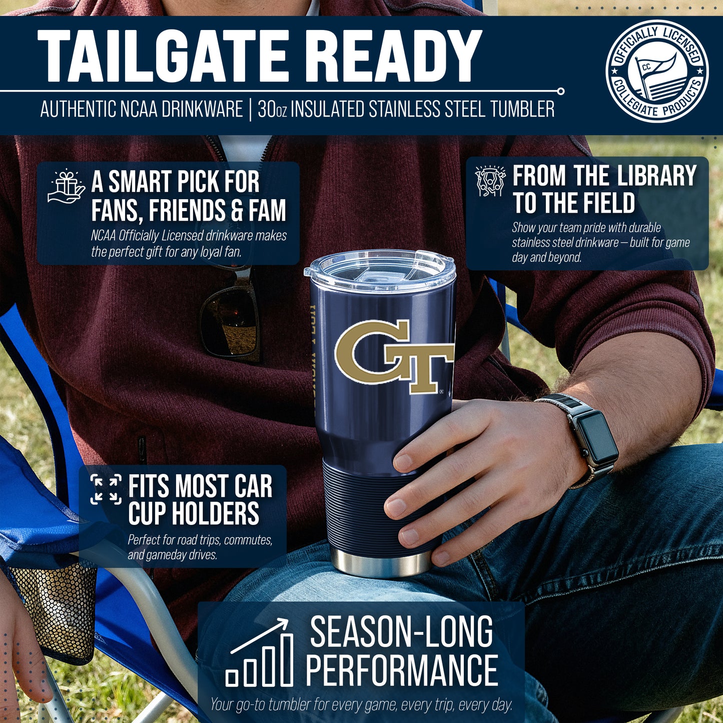Georgia Tech Yellowjackets NCAA University 30oz Stainless Steel Vacuum Insulated Game Day Tumbler with Silicone Grip - Navy