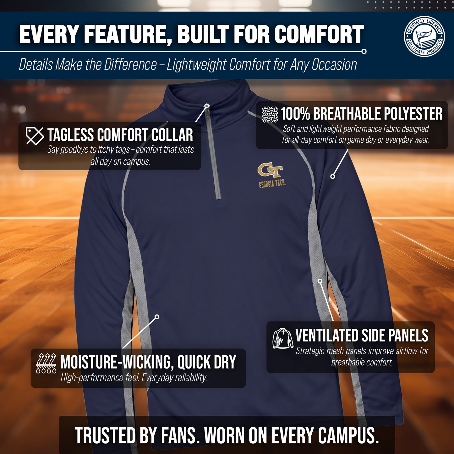 Georgia Tech Yellowjackets Mens NCAA Campus Classic Long Sleeve 1/4 Zip Windshirt - Navy