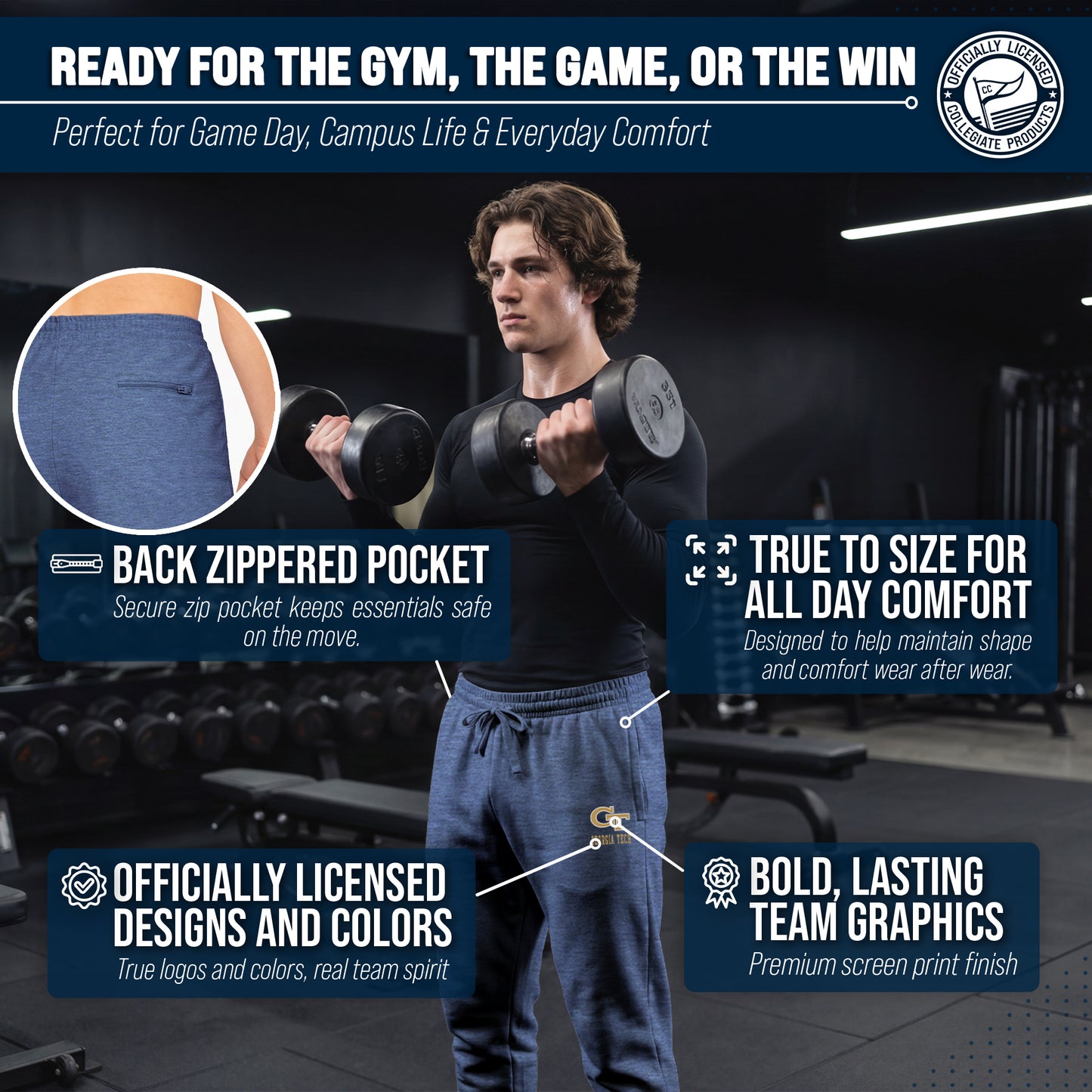 Georgia Tech Yellowjackets NCAA Men’s University Cloud Jersey Performance Jogger Pants with Drawstring Waistband - Navy Heather